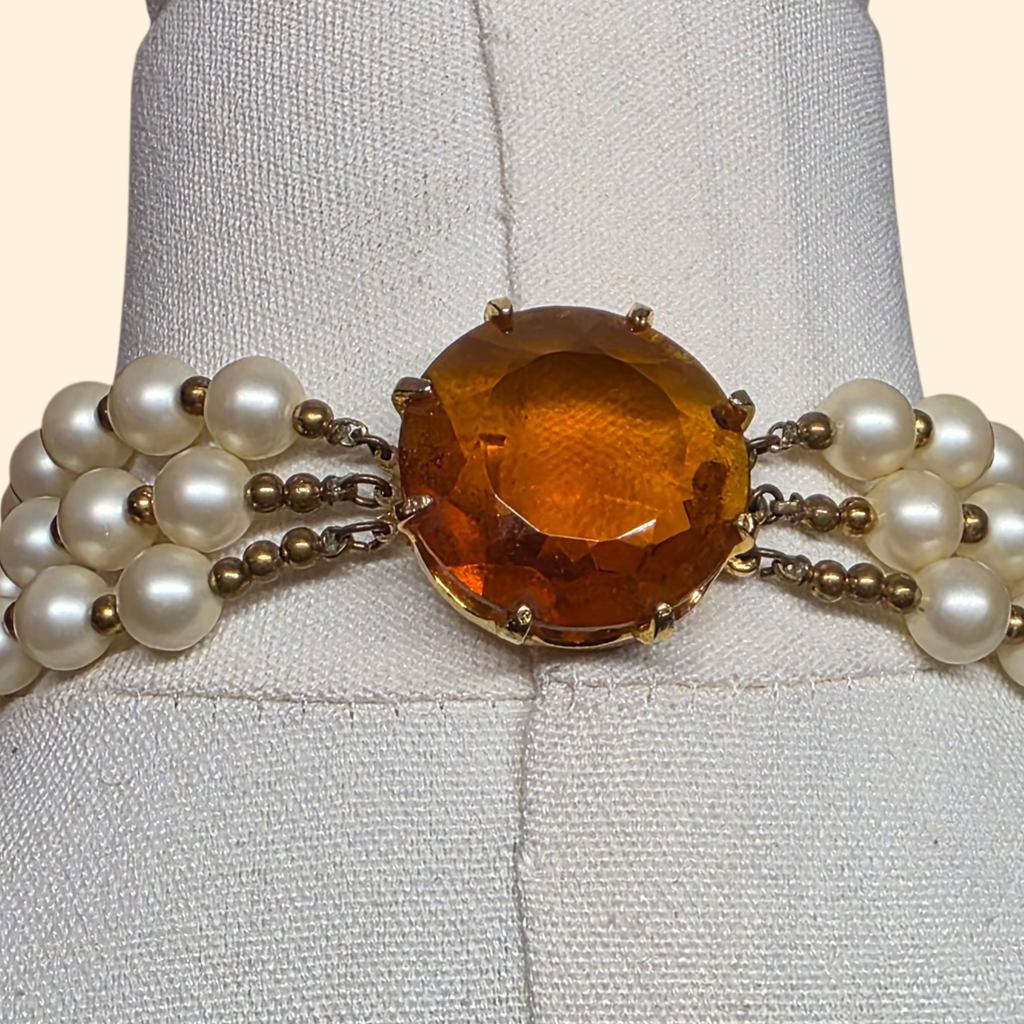 1950s Multistrand Faux Pearl  Chunky Choker Necklace with Faceted Topaz Lucite Clasp