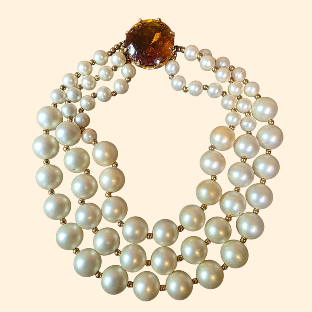 1950s Multistrand Faux Pearl  Chunky Choker Necklace with Faceted Topaz Lucite Clasp