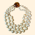 1950s Multistrand Faux Pearl  Chunky Choker Necklace with Faceted Topaz Lucite Clasp