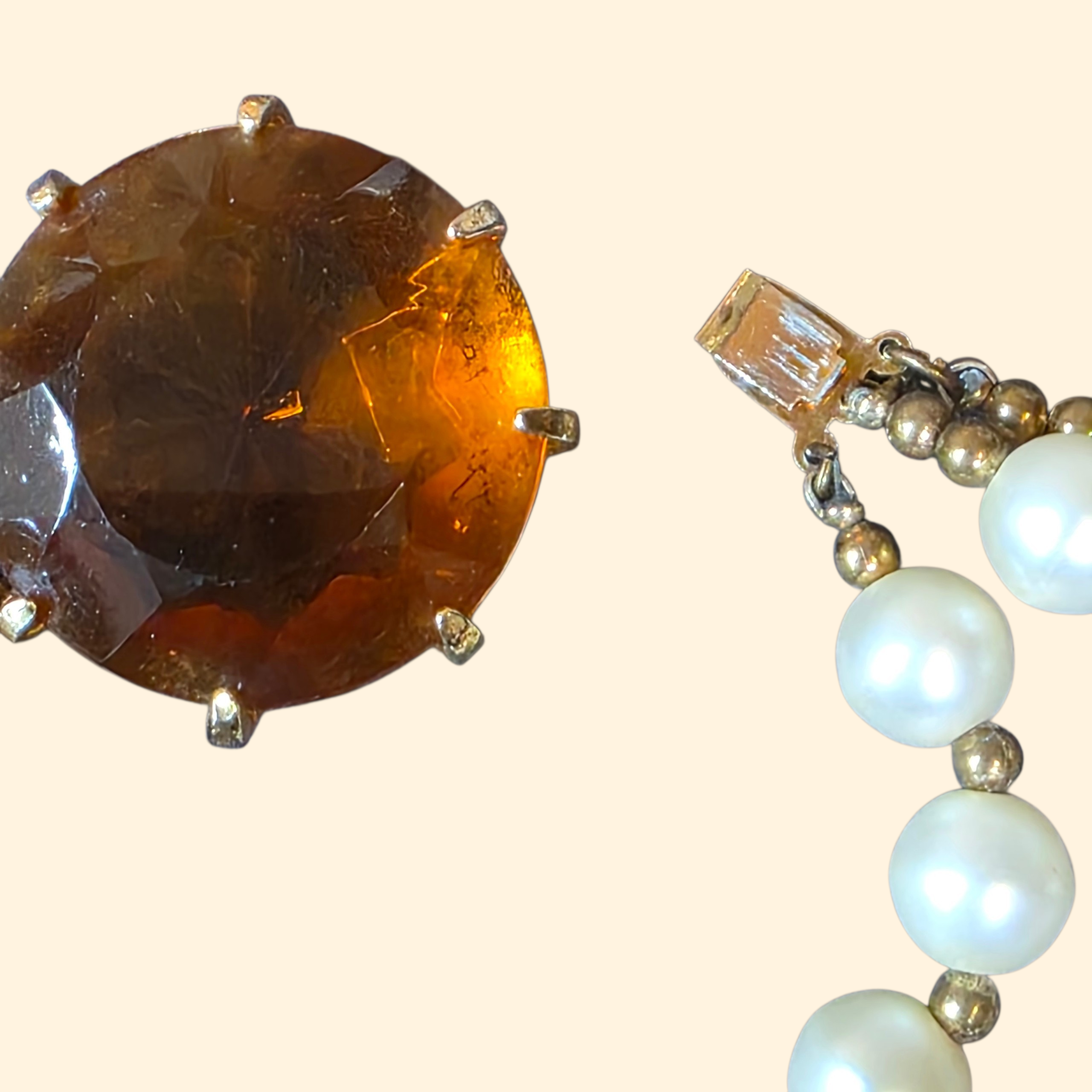 1950s Multistrand Faux Pearl  Chunky Choker Necklace with Faceted Topaz Lucite Clasp