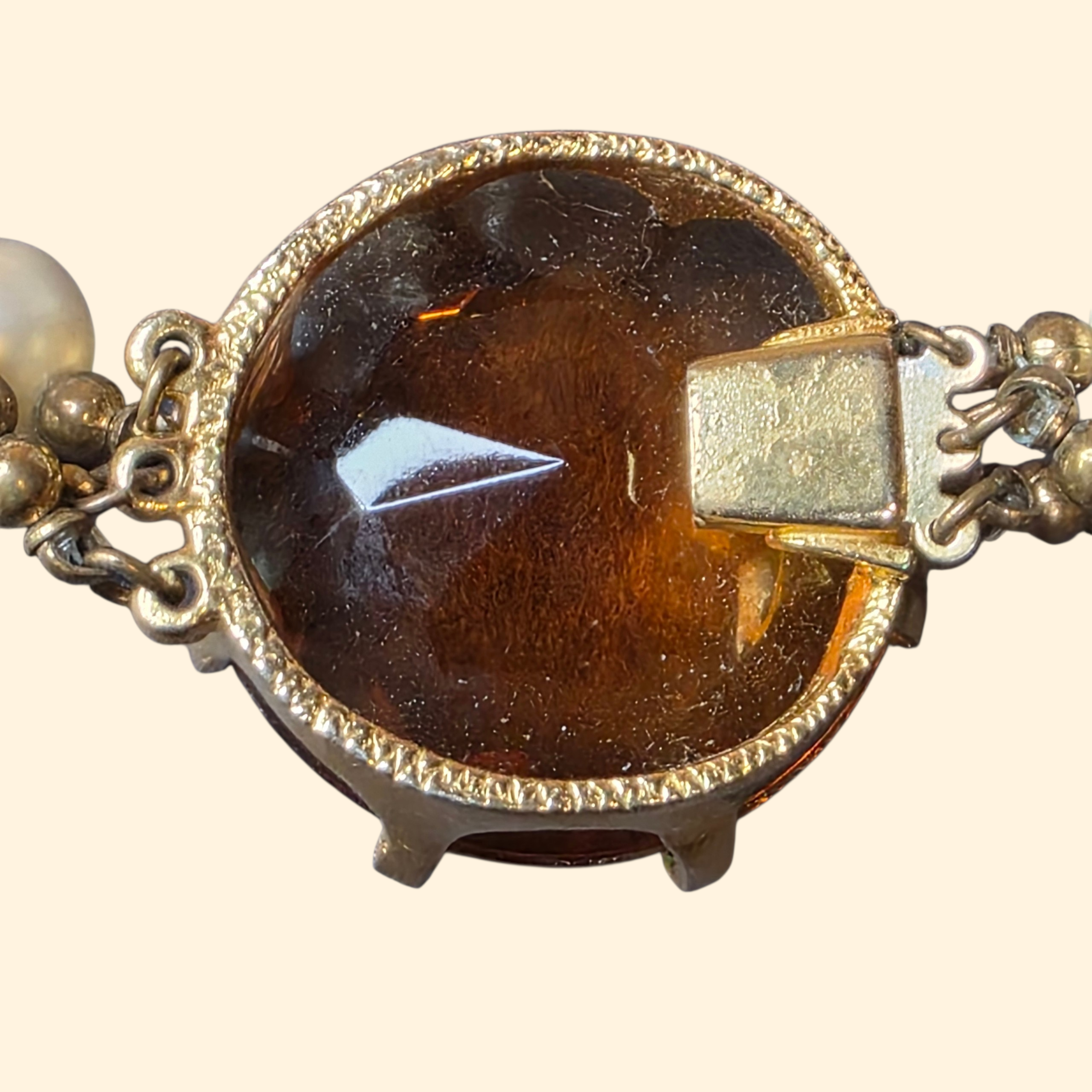 1950s Multistrand Faux Pearl  Chunky Choker Necklace with Faceted Topaz Lucite Clasp