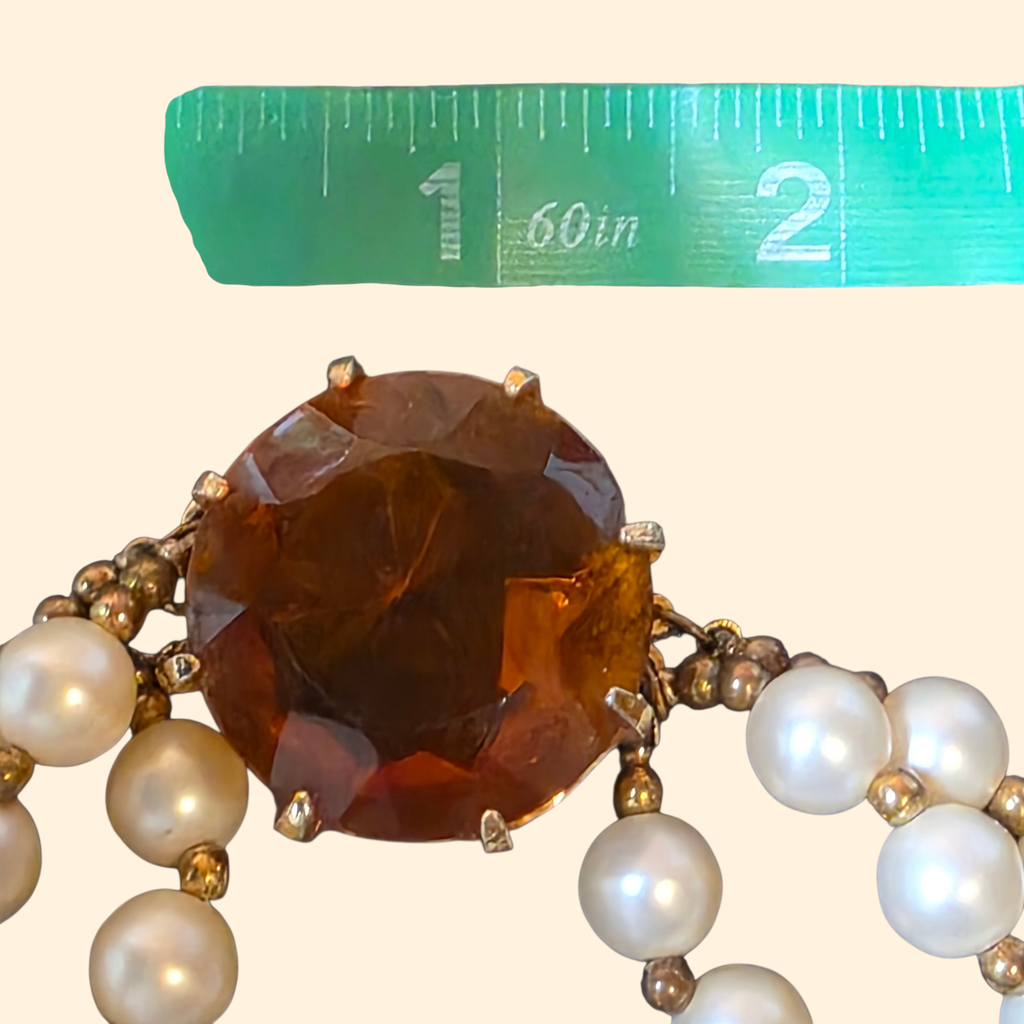 1950s Multistrand Faux Pearl  Chunky Choker Necklace with Faceted Topaz Lucite Clasp