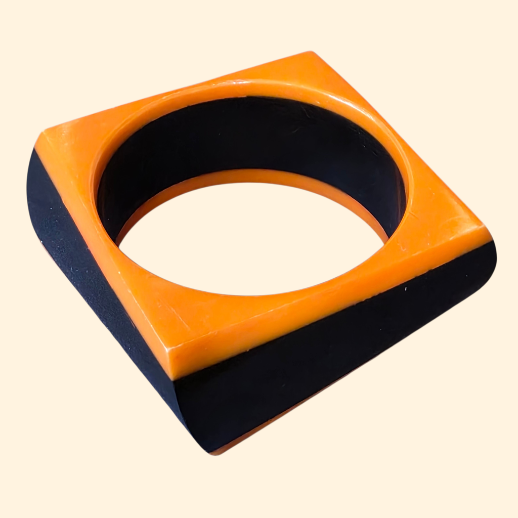 1960s Orange and Black Lucite Square Chunky Bangle ~ Mod