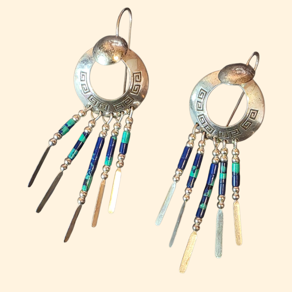 1970s TK Emmerson Navajo Sterling Silver and Azurite Heishi Dangle Earrings ~ Southwestern Fringe