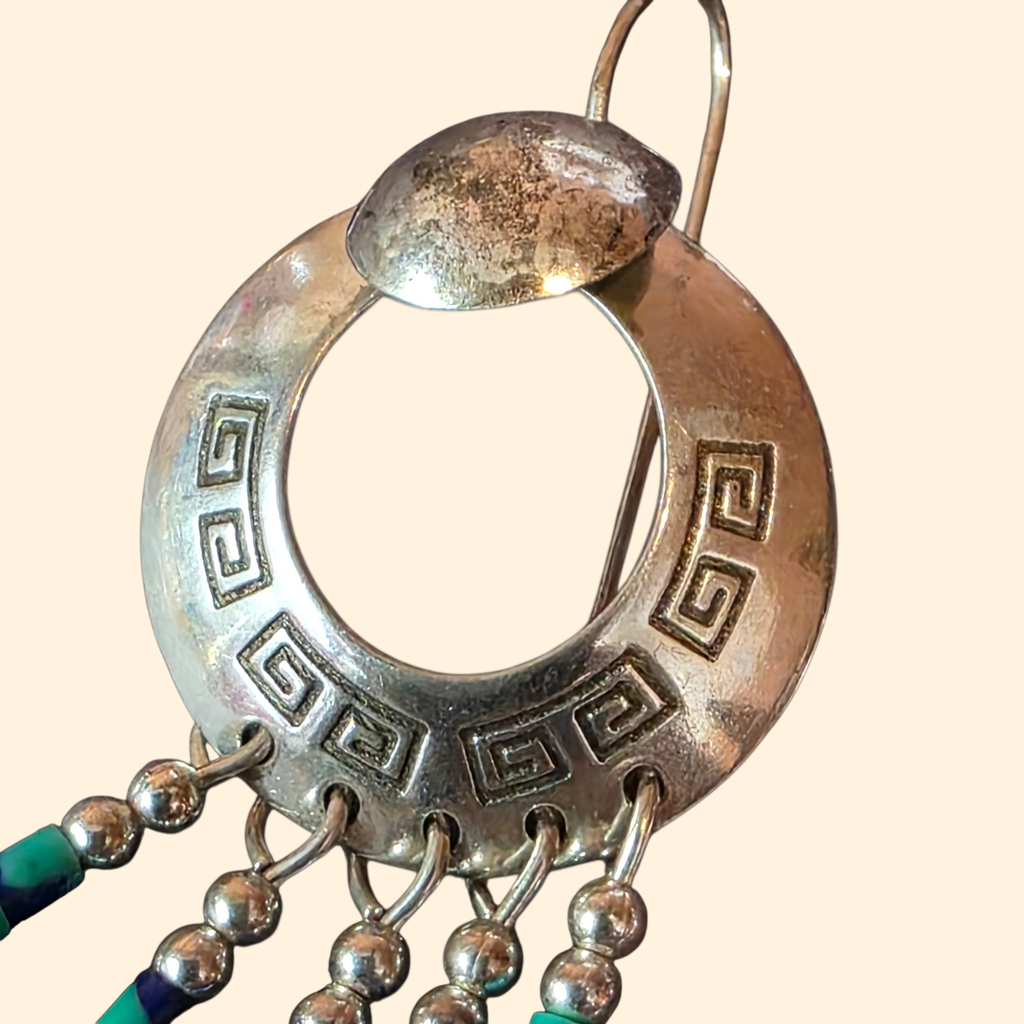 1970s TK Emmerson Navajo Sterling Silver and Azurite Heishi Dangle Earrings ~ Southwestern Fringe