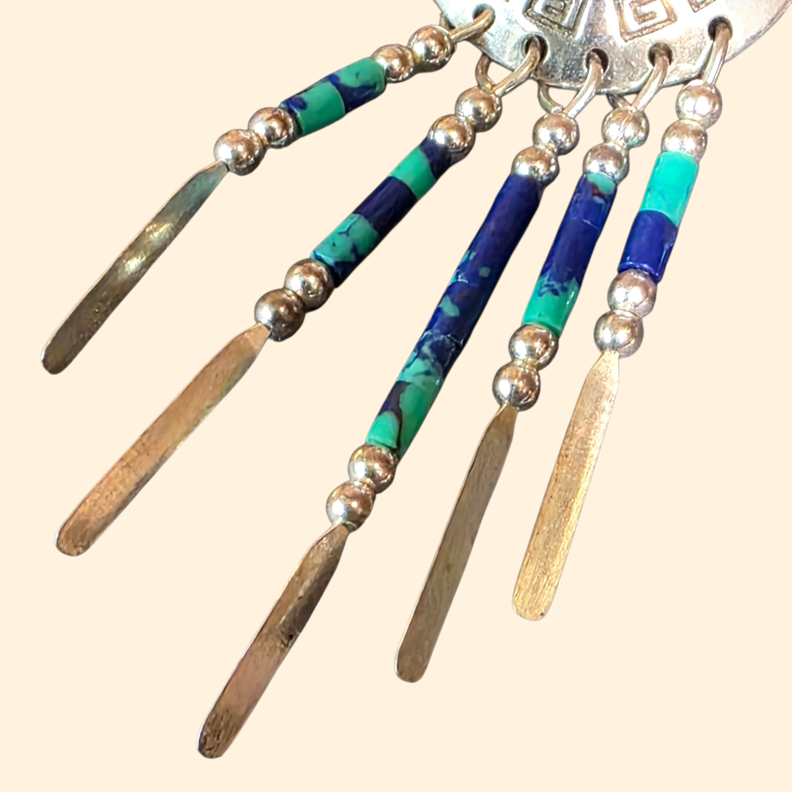 1970s TK Emmerson Navajo Sterling Silver and Azurite Heishi Dangle Earrings ~ Southwestern Fringe
