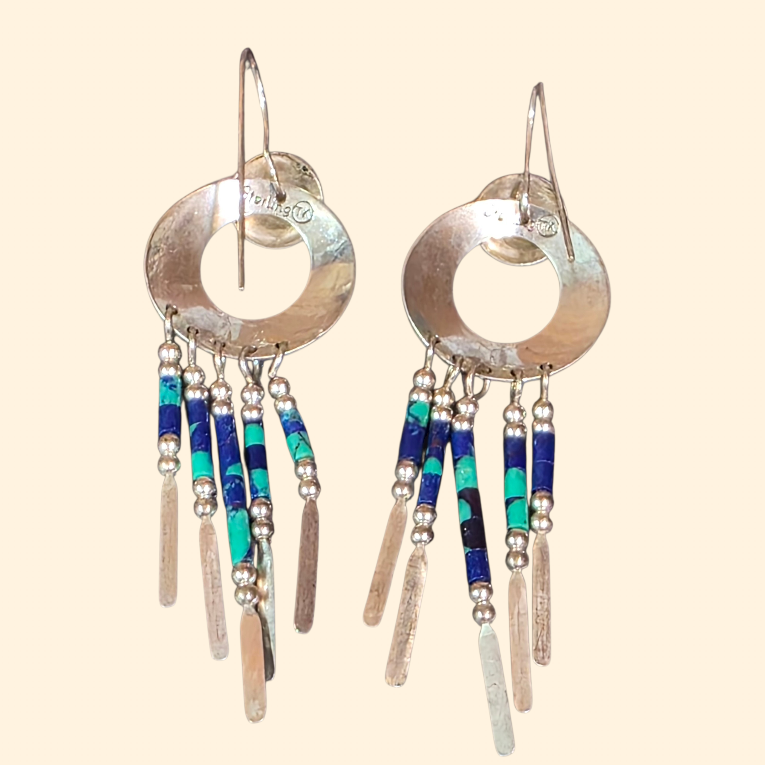 1970s TK Emmerson Navajo Sterling Silver and Azurite Heishi Dangle Earrings ~ Southwestern Fringe