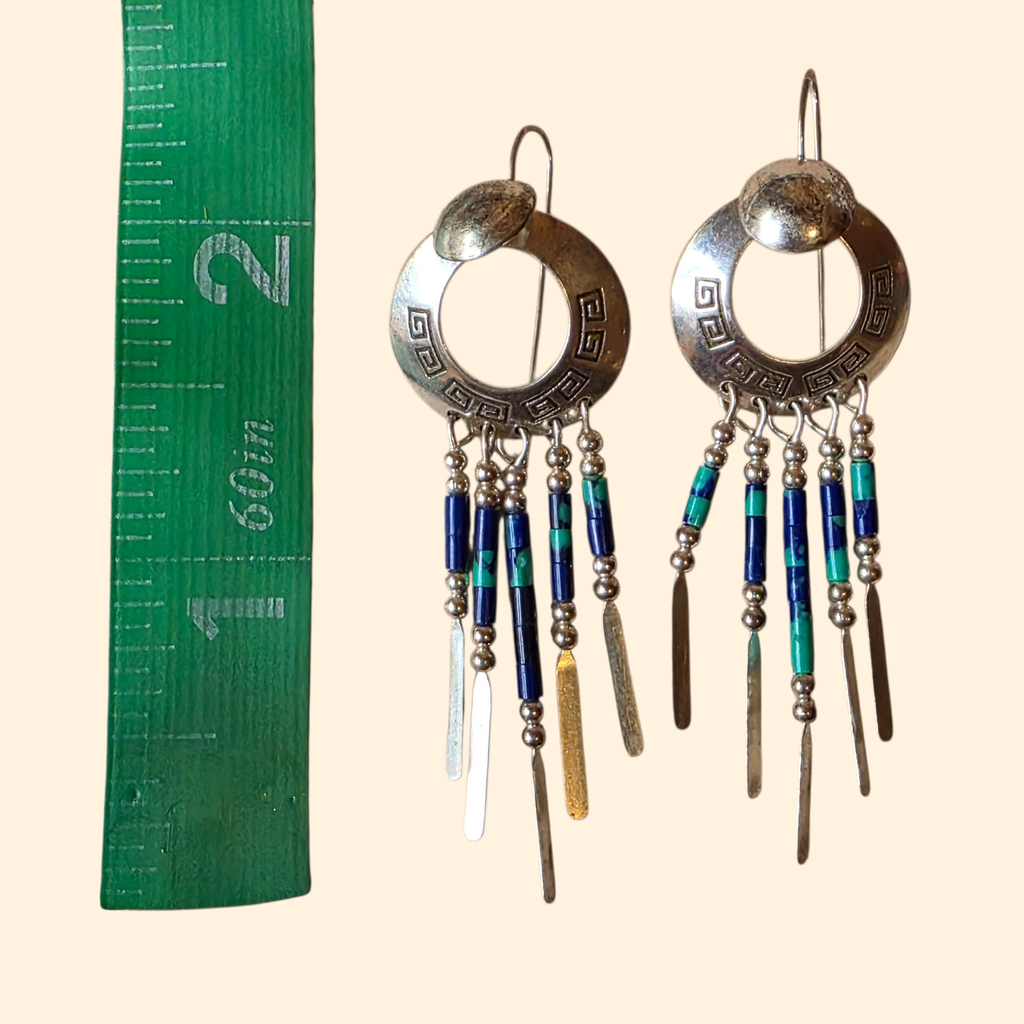 1970s TK Emmerson Navajo Sterling Silver and Azurite Heishi Dangle Earrings ~ Southwestern Fringe
