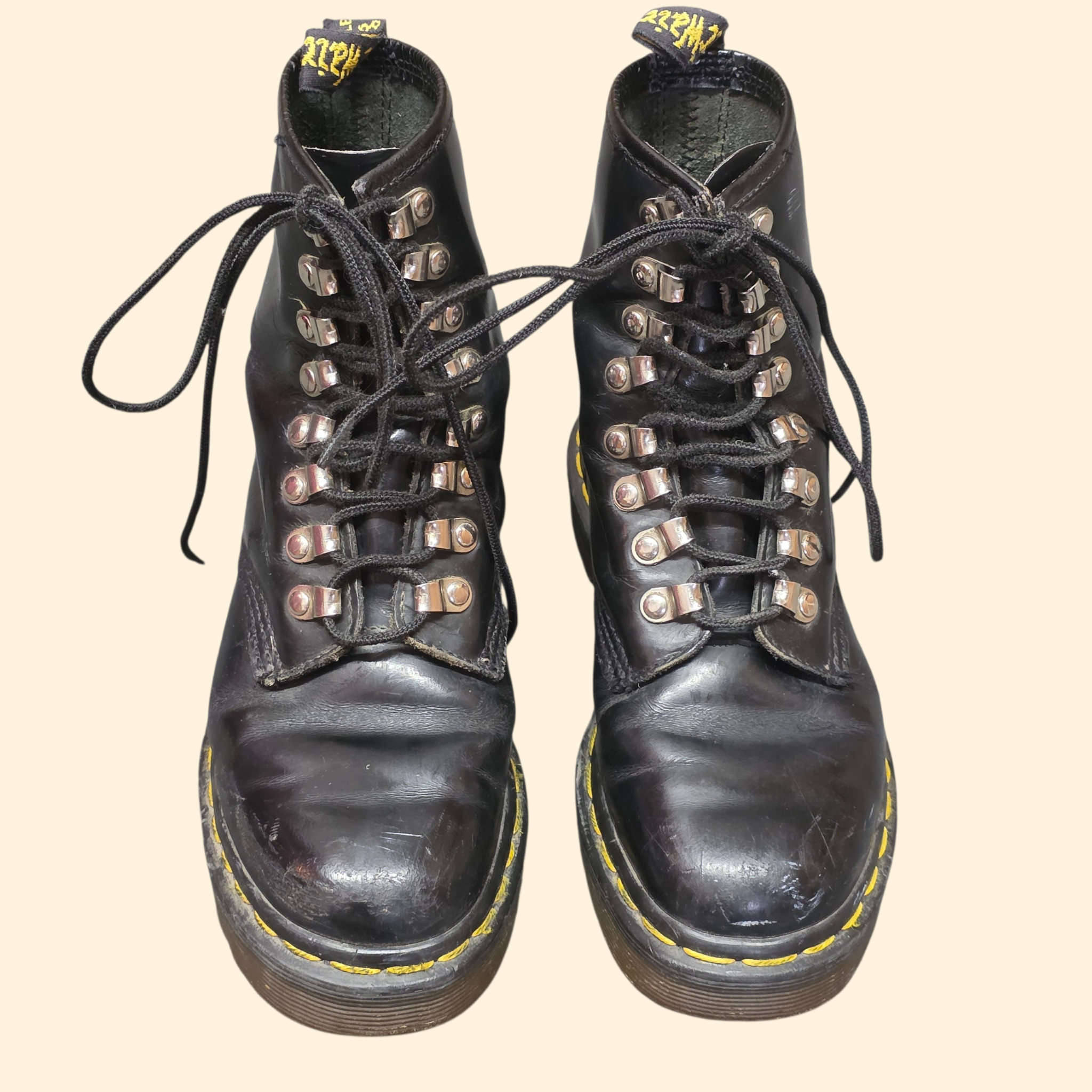 1990s Doc Marten 1460 8 Eyelet Black Leather Boots ~ US Women's 5.5 / 6 ~ Combat D Ring Lace Up