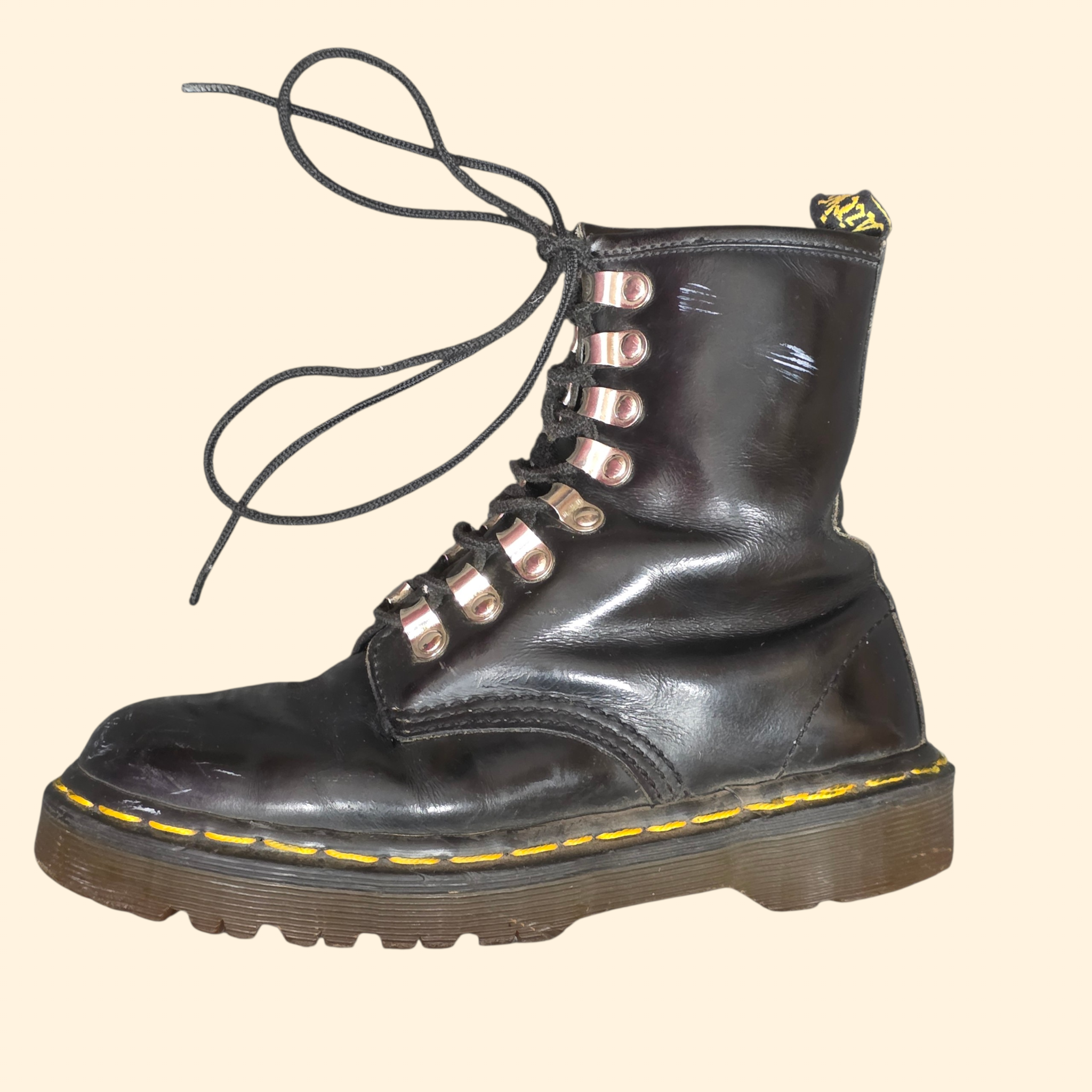 1990s Doc Marten 1460 8 Eyelet Black Leather Boots ~ US Women's 5.5 / 6 ~ Combat D Ring Lace Up