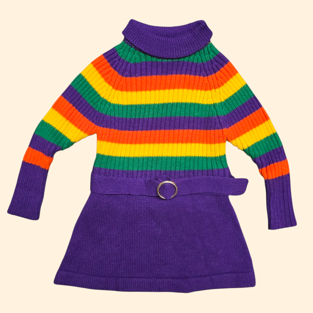 1970s Girl's Striped Knit Sweater Dress ~ 3T 4T ~ Mock Neck Long Sleve Ribbed Purple Orange Green Yellow