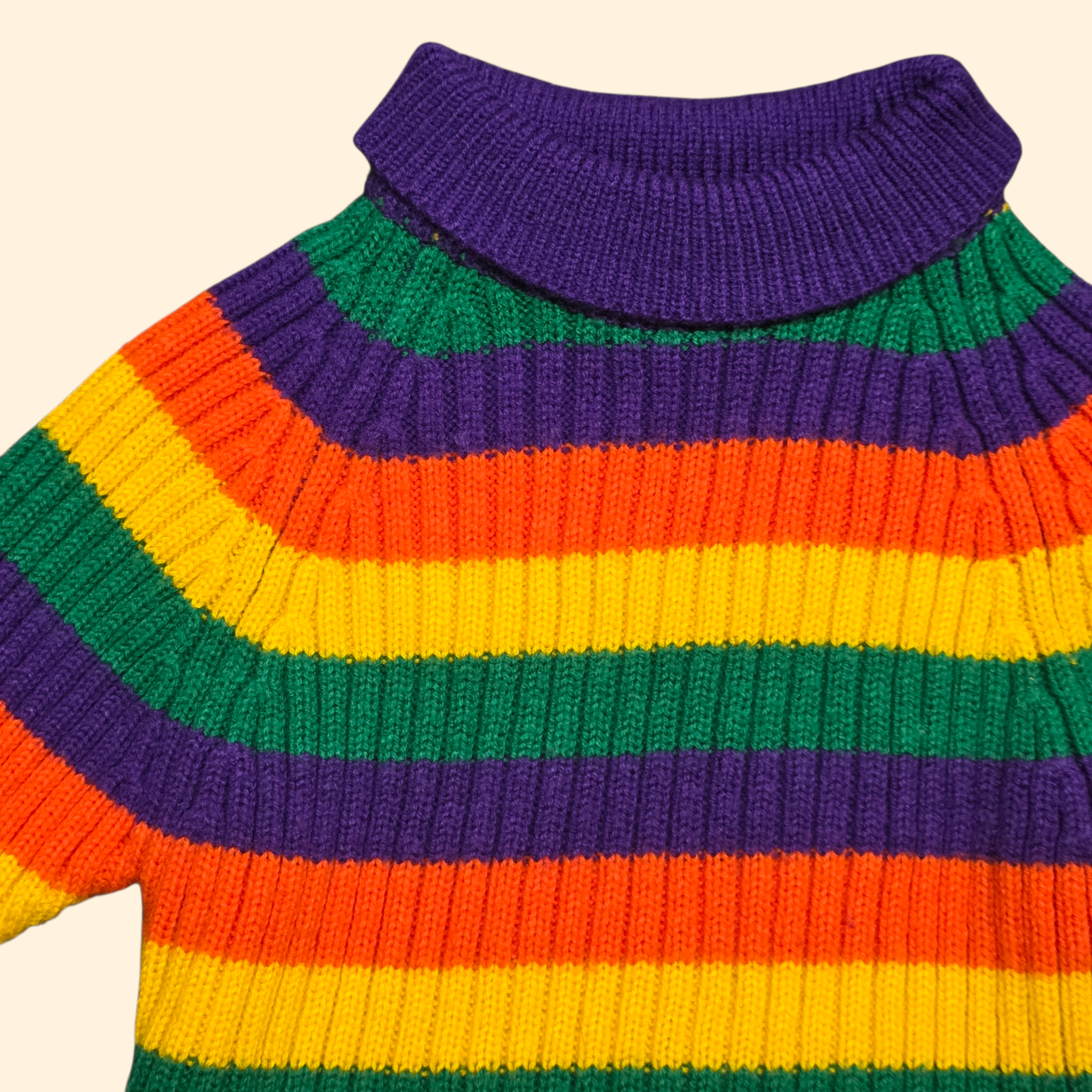 1970s Girl's Striped Knit Sweater Dress ~ 3T 4T ~ Mock Neck Long Sleve Ribbed Purple Orange Green Yellow