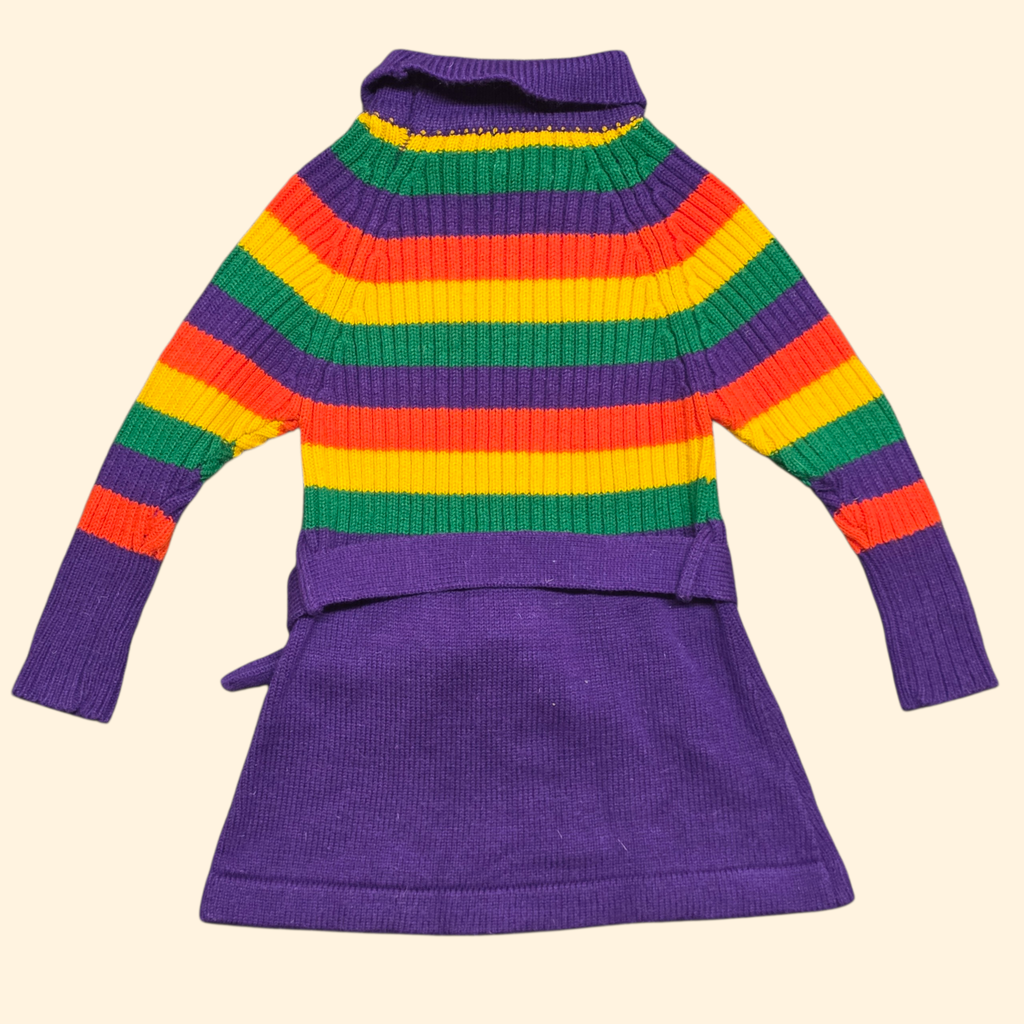 1970s Girl's Striped Knit Sweater Dress ~ 3T 4T ~ Mock Neck Long Sleve Ribbed Purple Orange Green Yellow