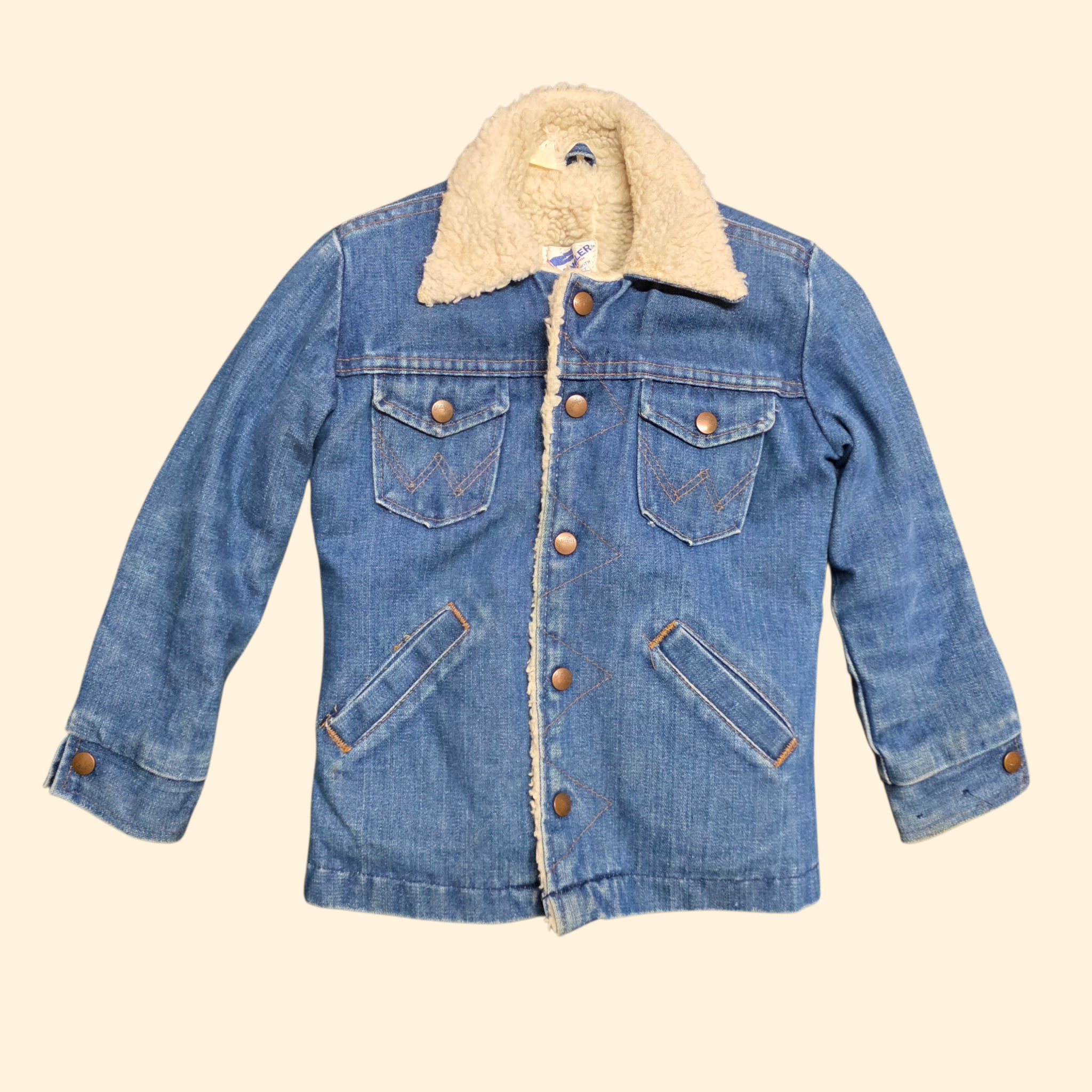 1970s Wrangler Child's Sherpa Jean Jacket ~ Youth 7/8 Medium ~ Snap Button Trucker Jacket Western