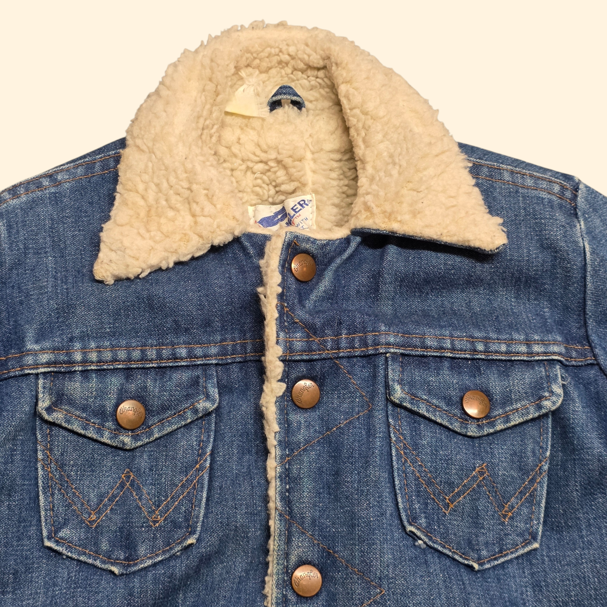1970s Wrangler Child's Sherpa Jean Jacket ~ Youth 7/8 Medium ~ Snap Button Trucker Jacket Western