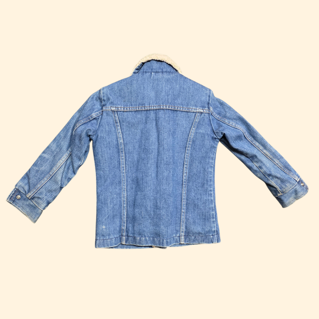 1970s Wrangler Child's Sherpa Jean Jacket ~ Youth 7/8 Medium ~ Snap Button Trucker Jacket Western