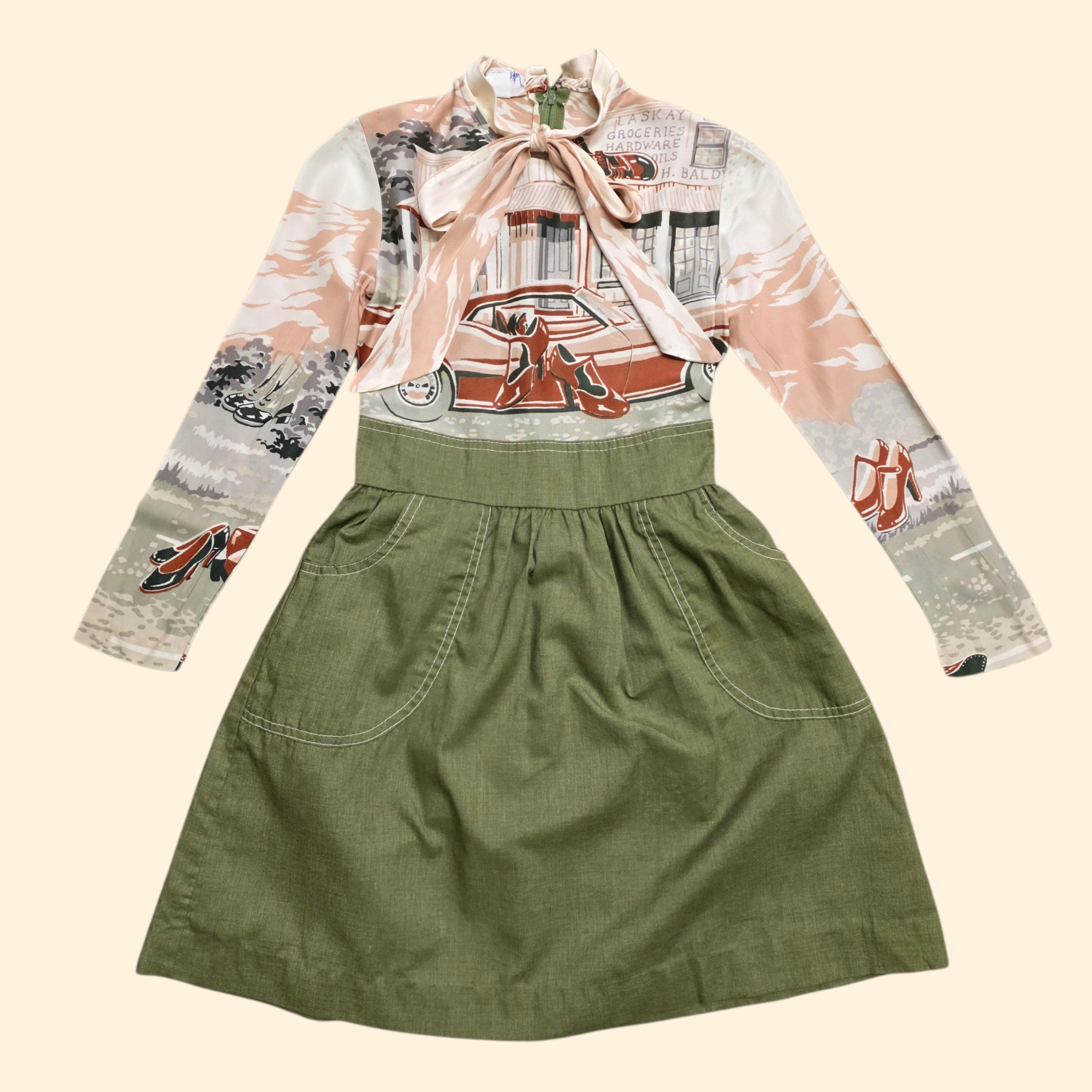 1970s Car Print Dress ~ Girl's 6 / 7 ~ Olive Novelty Print