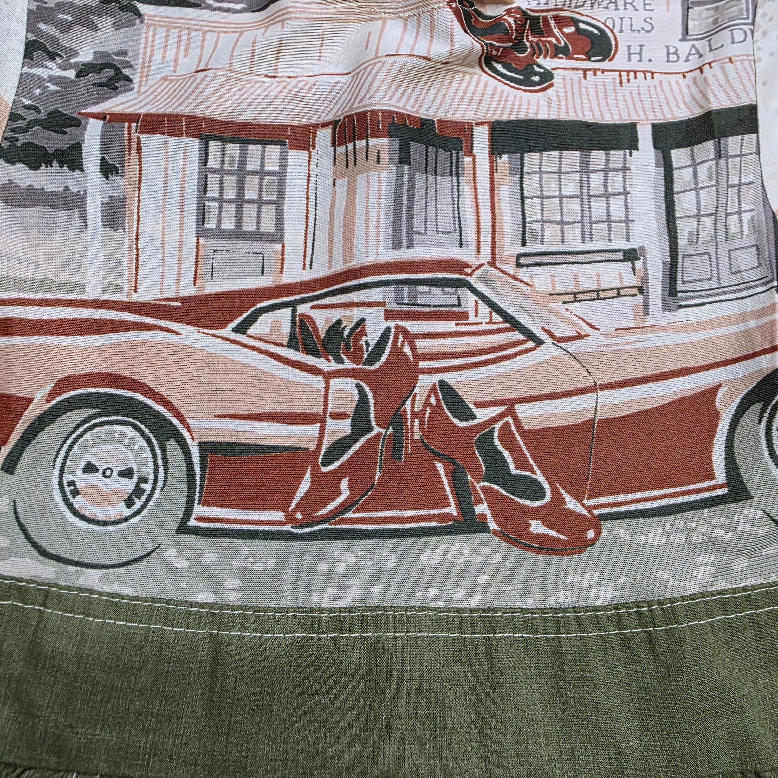 1970s Car Print Dress ~ Girl's 6 / 7 ~ Olive Novelty Print
