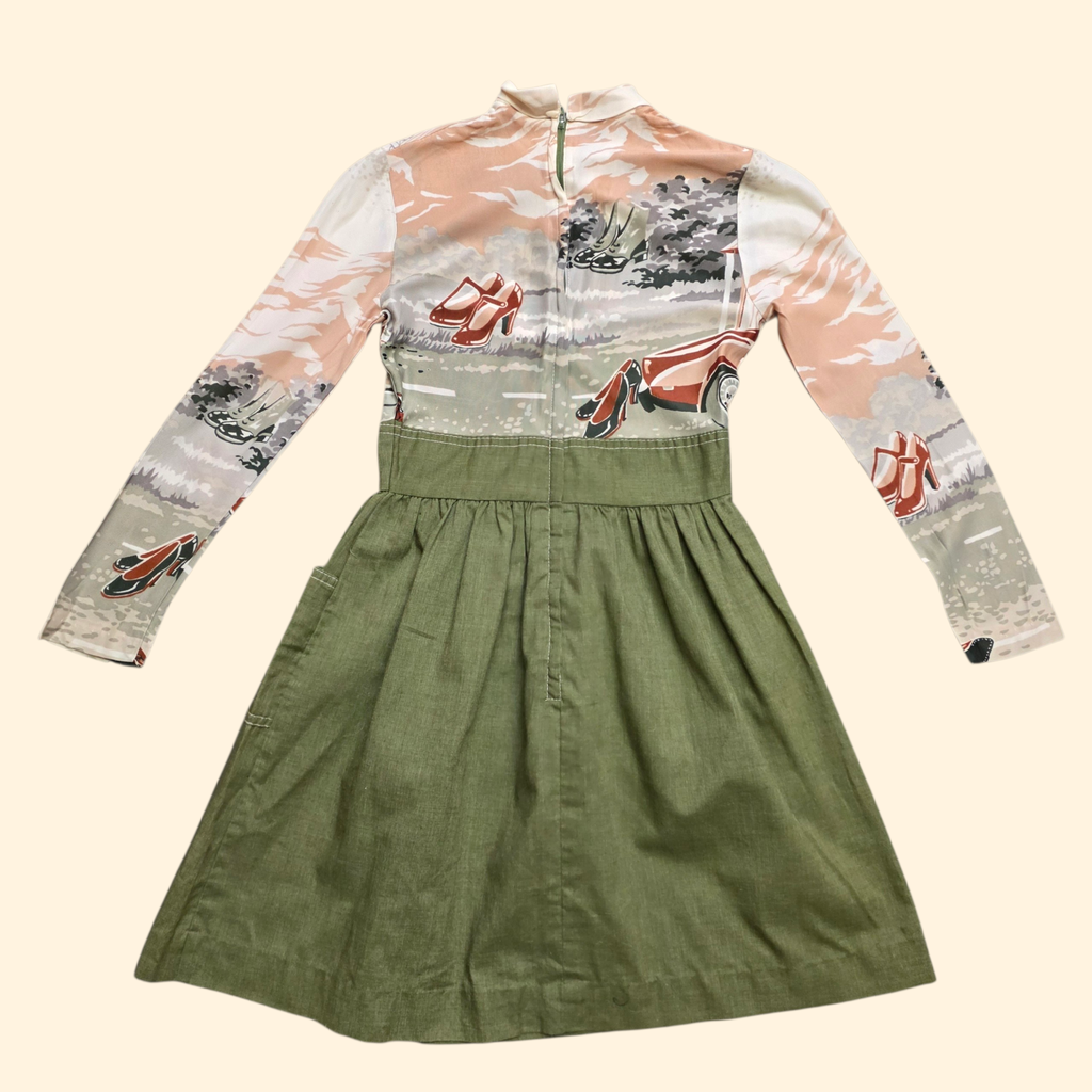 1970s Car Print Dress ~ Girl's 6 / 7 ~ Olive Novelty Print