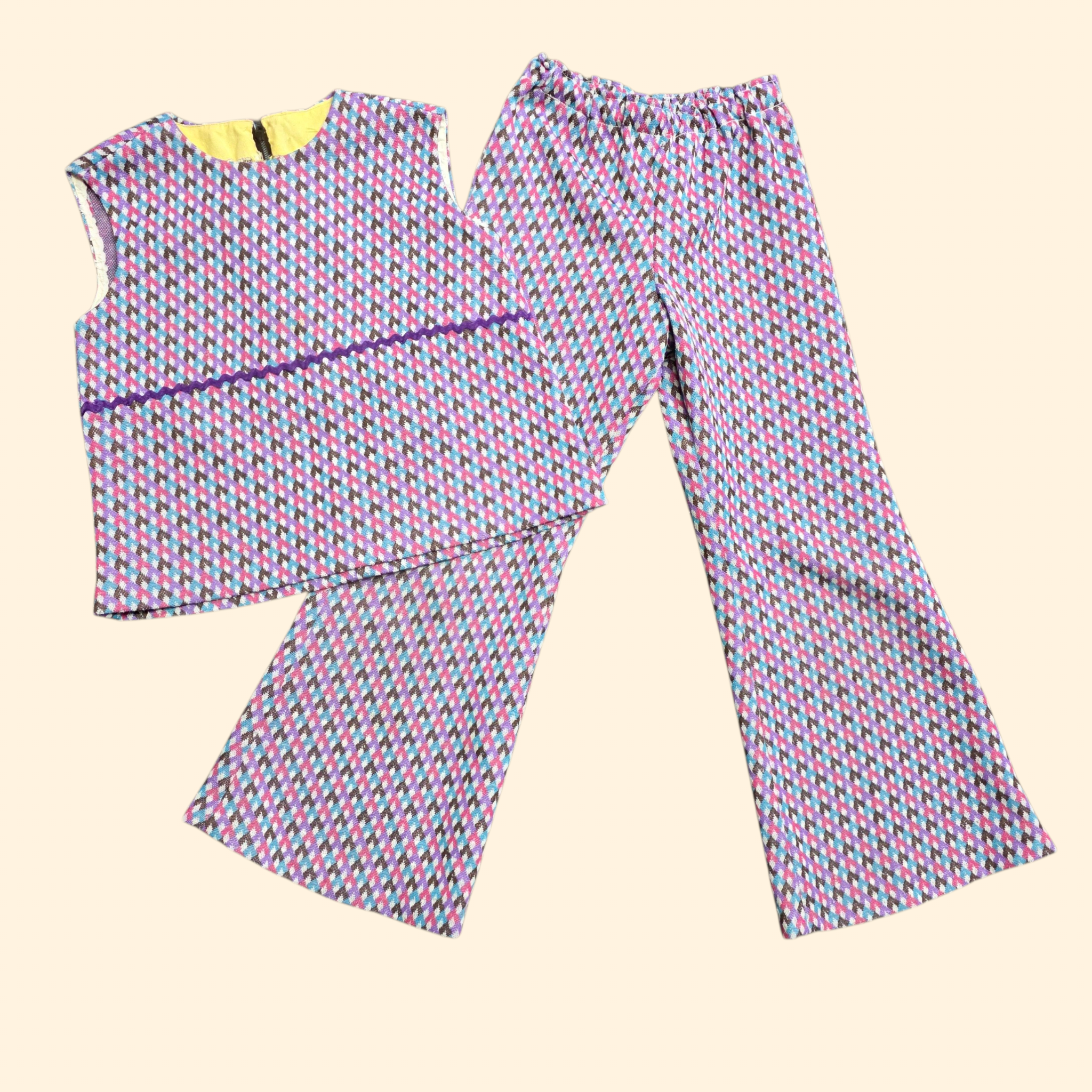 1960s 2 Piece Diamond Print Set Bell Bottom Tunic Top ~ Girl's 10 12