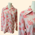 1970s Floral Snap Button Western Shirt ~ Medium ~ Red White Pearl Snap Long Sleeve Dagger Collar