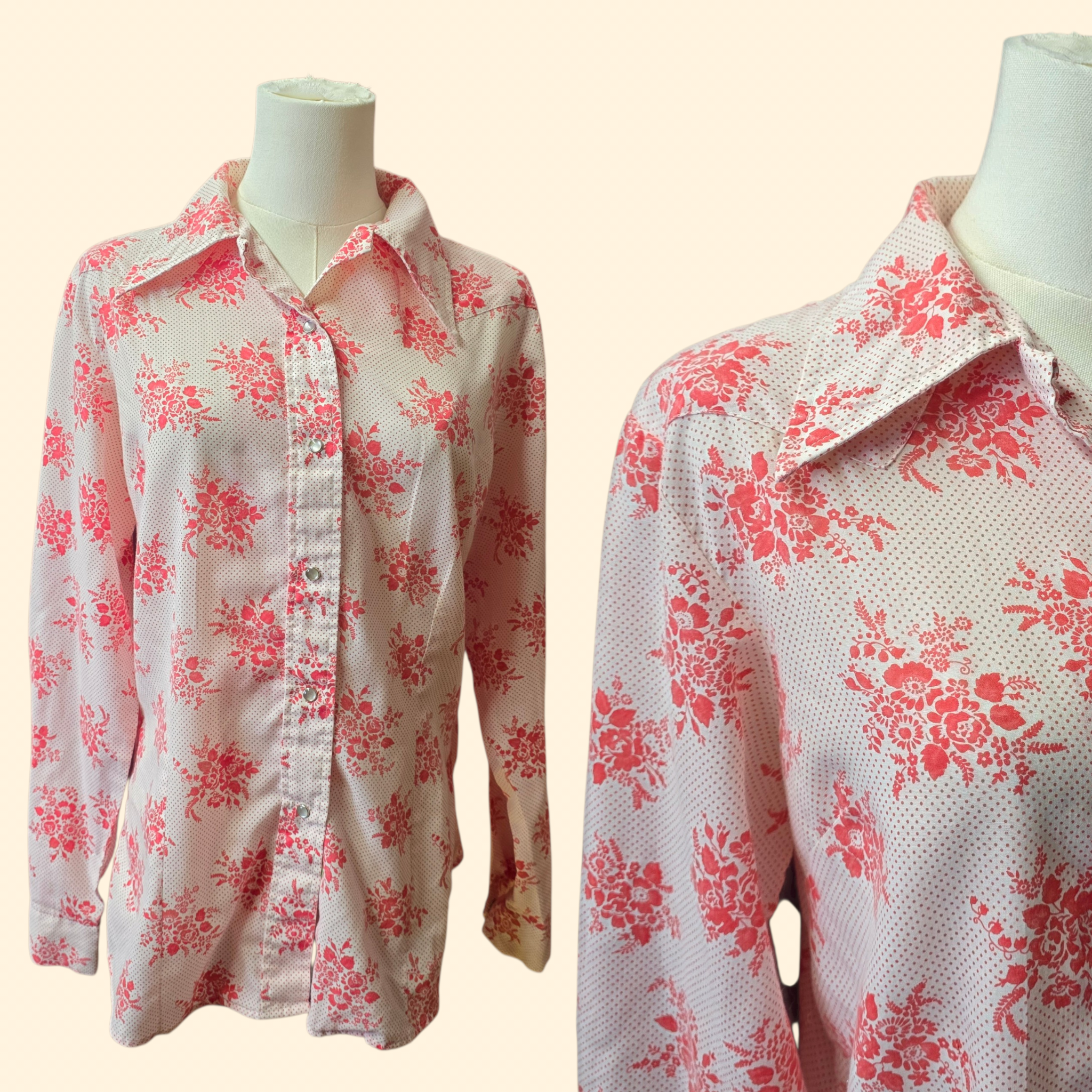 1970s Floral Snap Button Western Shirt ~ Medium ~ Red White Pearl Snap Long Sleeve Dagger Collar