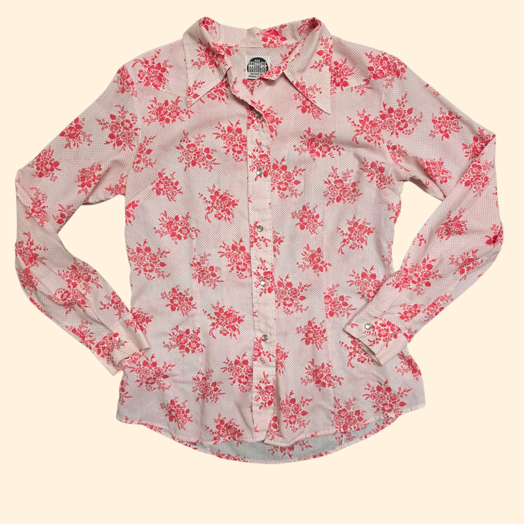 1970s Floral Snap Button Western Shirt ~ Medium ~ Red White Pearl Snap Long Sleeve Dagger Collar