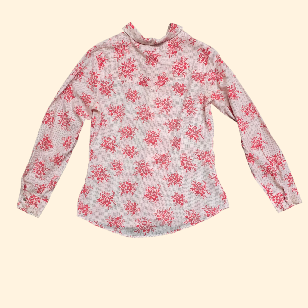 1970s Floral Snap Button Western Shirt ~ Medium ~ Red White Pearl Snap Long Sleeve Dagger Collar