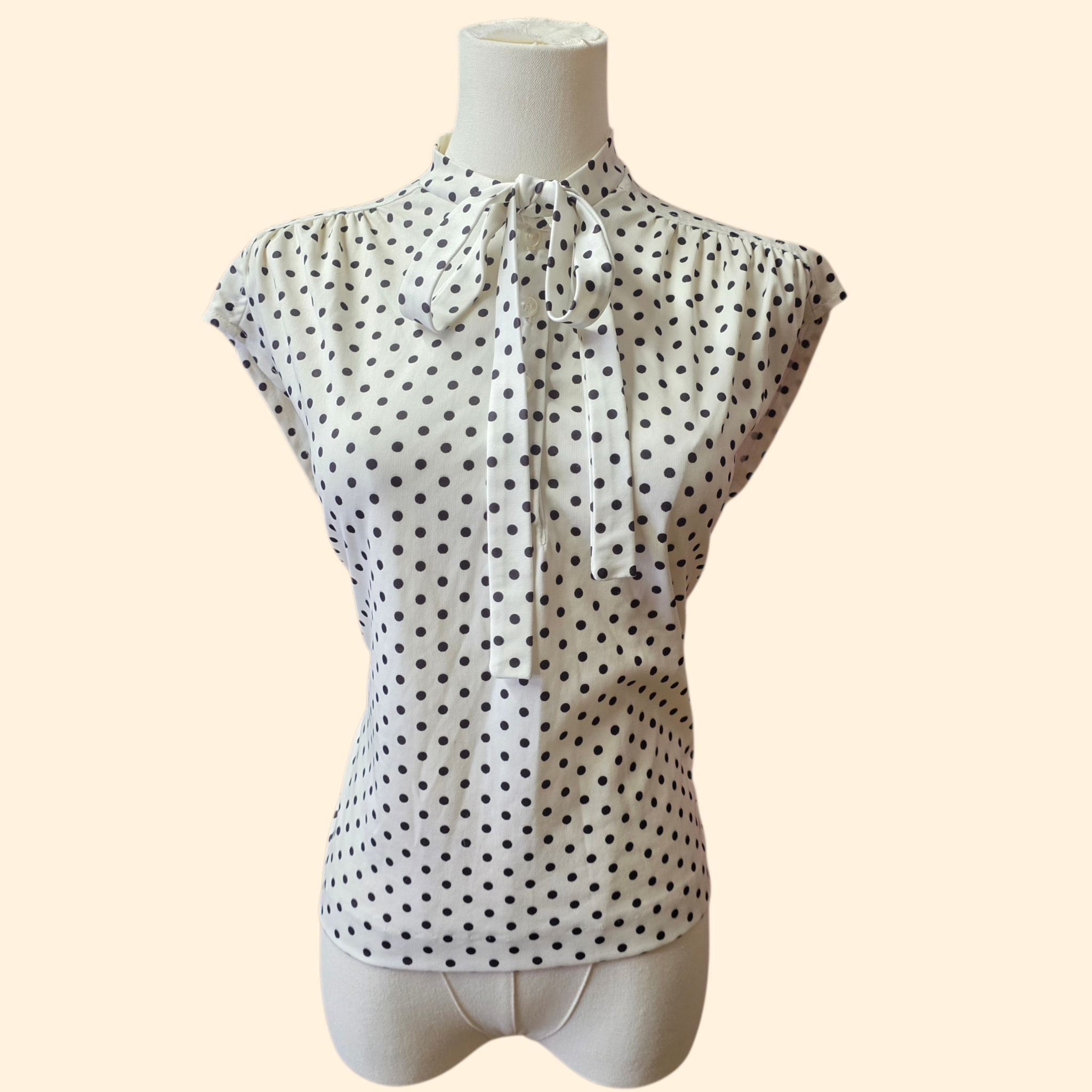 1960s Black and White Polka Dot Sleeveless Top ~ Medium ~ Boxy Pullover Tie Neck