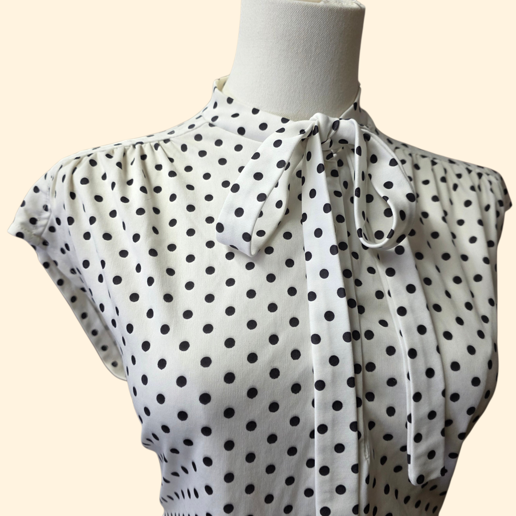 1960s Black and White Polka Dot Sleeveless Top ~ Medium ~ Boxy Pullover Tie Neck