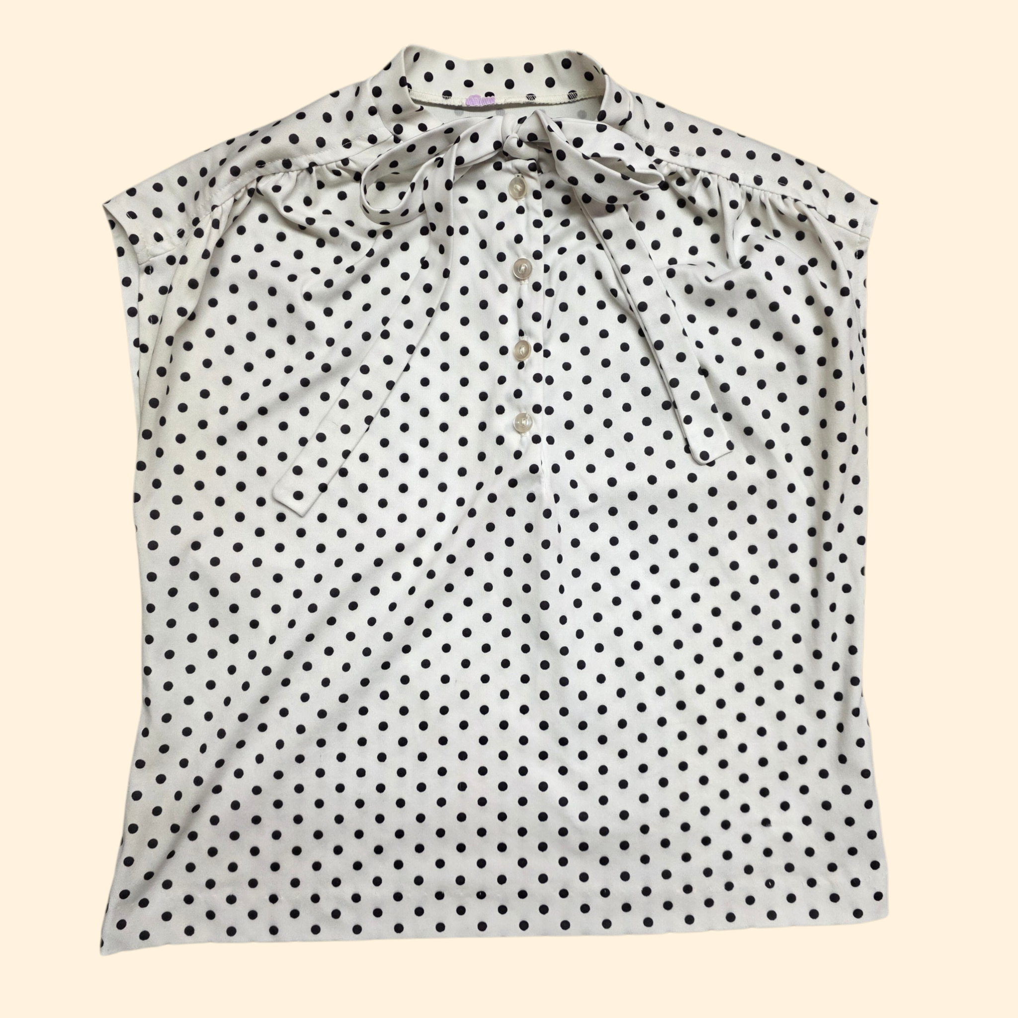 1960s Black and White Polka Dot Sleeveless Top ~ Medium ~ Boxy Pullover Tie Neck