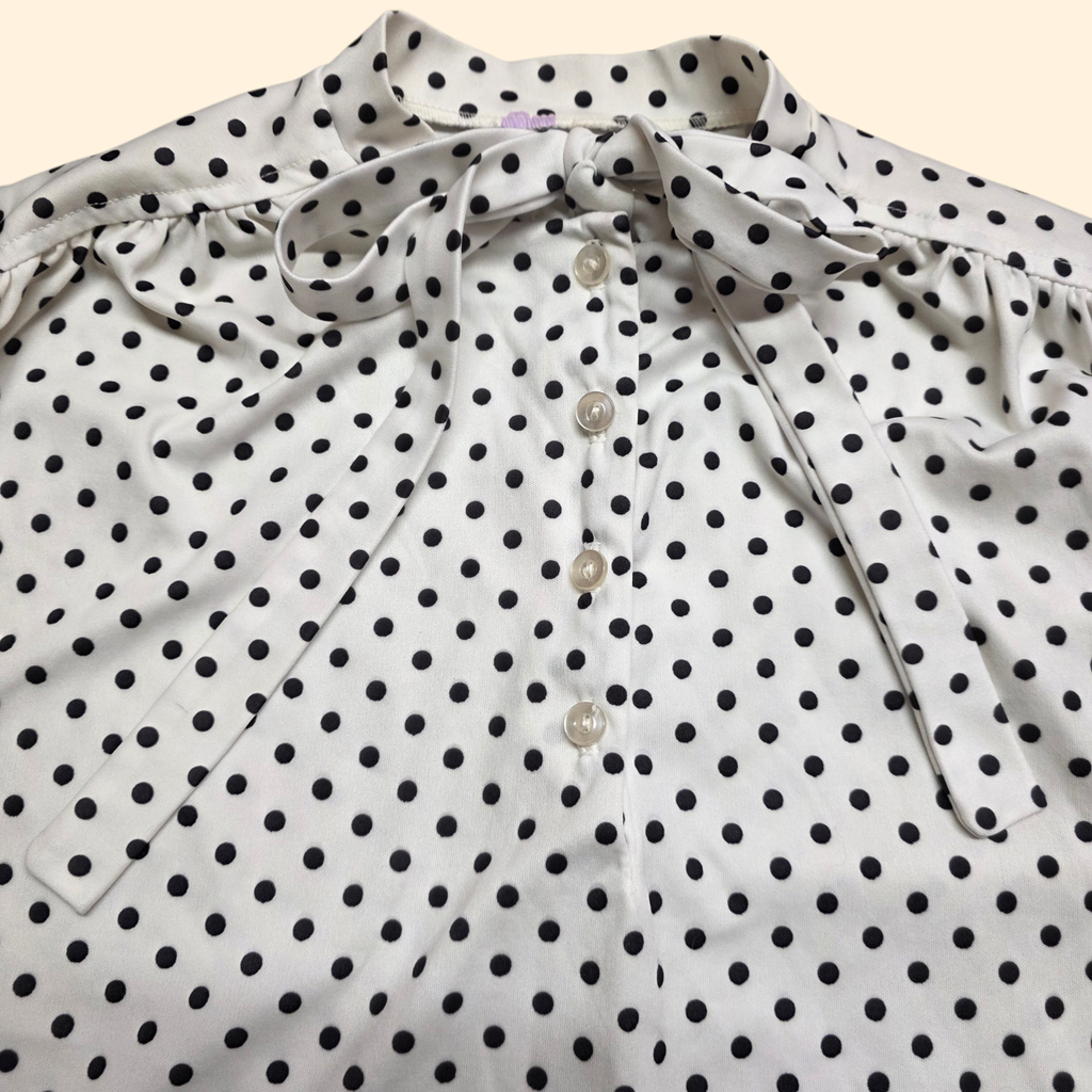 1960s Black and White Polka Dot Sleeveless Top ~ Medium ~ Boxy Pullover Tie Neck