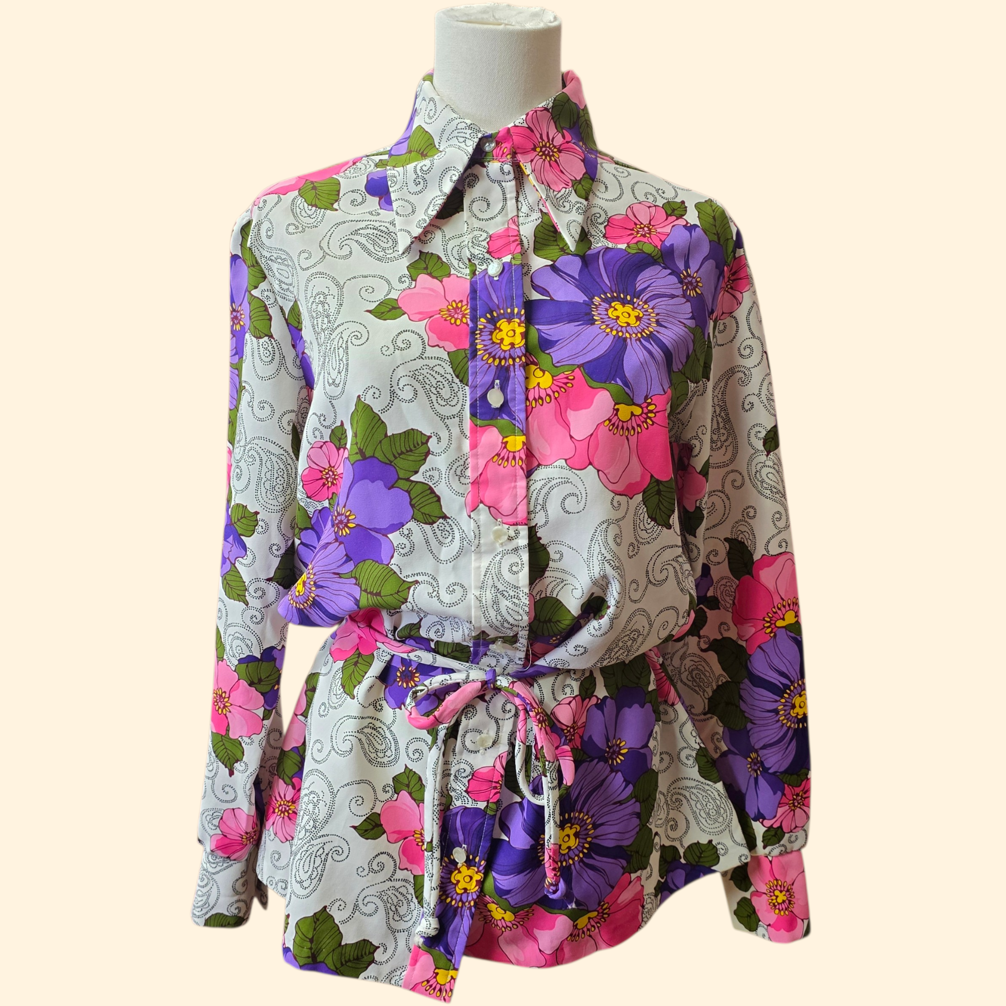 1960s Floral Print Dagger Collar Shirt ~ Large ~ Pink Purple Flower Power Paisley Long Sleeve Blouse