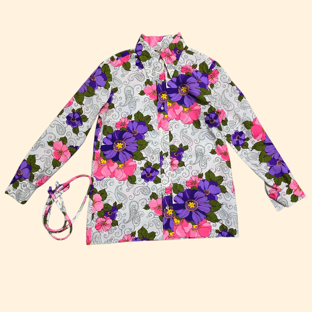 1960s Floral Print Dagger Collar Shirt ~ Large ~ Pink Purple Flower Power Paisley Long Sleeve Blouse