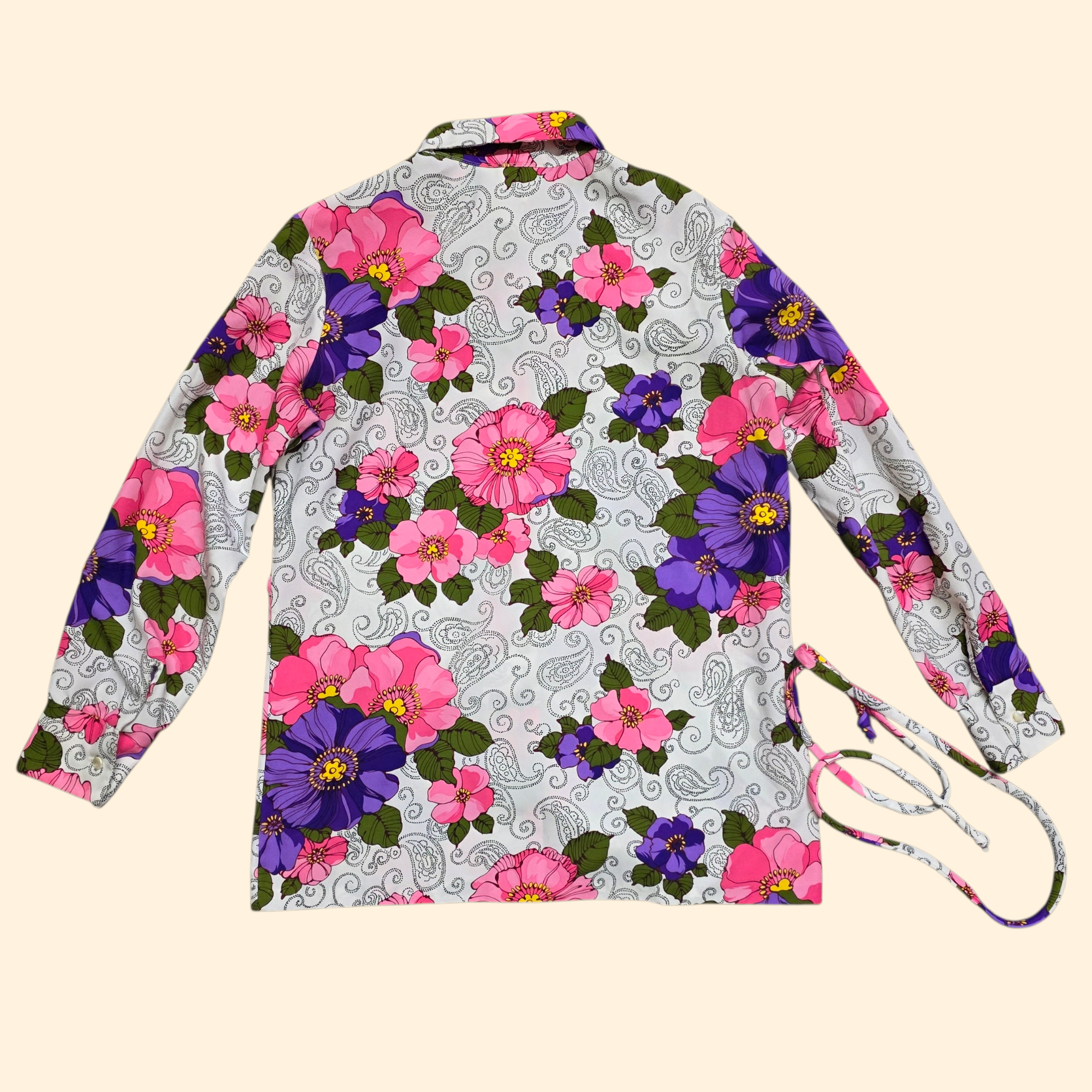1960s Floral Print Dagger Collar Shirt ~ Large ~ Pink Purple Flower Power Paisley Long Sleeve Blouse