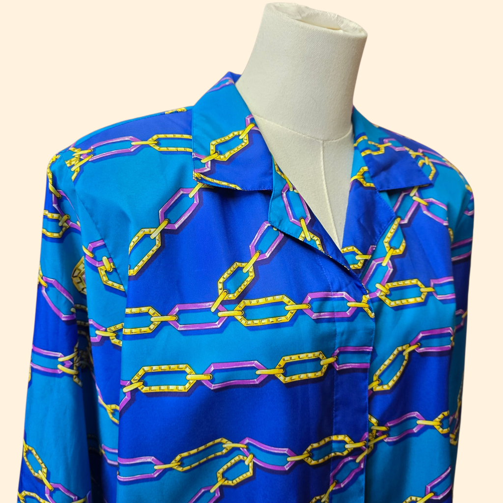 1990s Chain and Jewel Print Pullover Top ~ Medium ~ Blue Teal Crazy Print