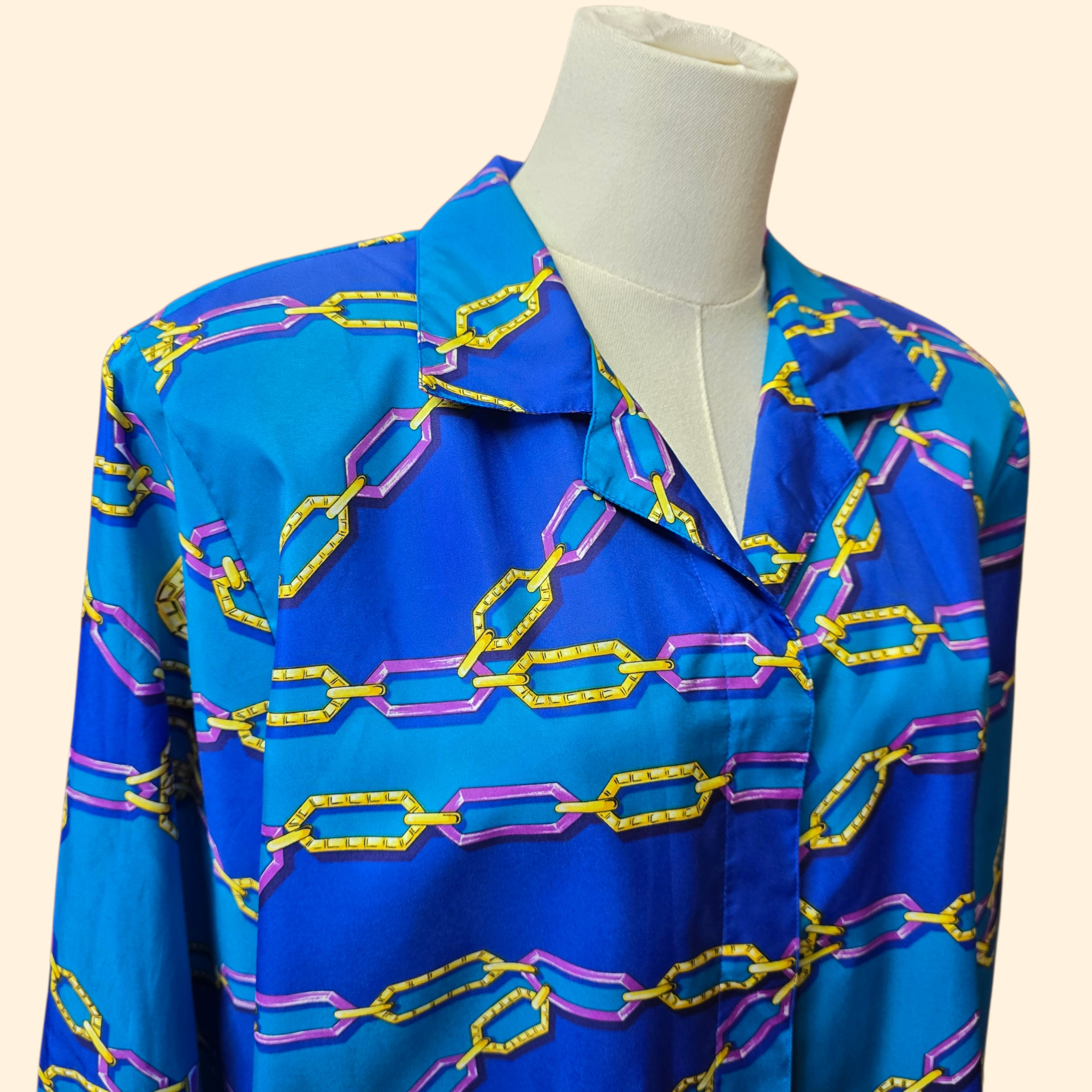 1990s Chain and Jewel Print Pullover Top ~ Medium ~ Blue Teal Crazy Print