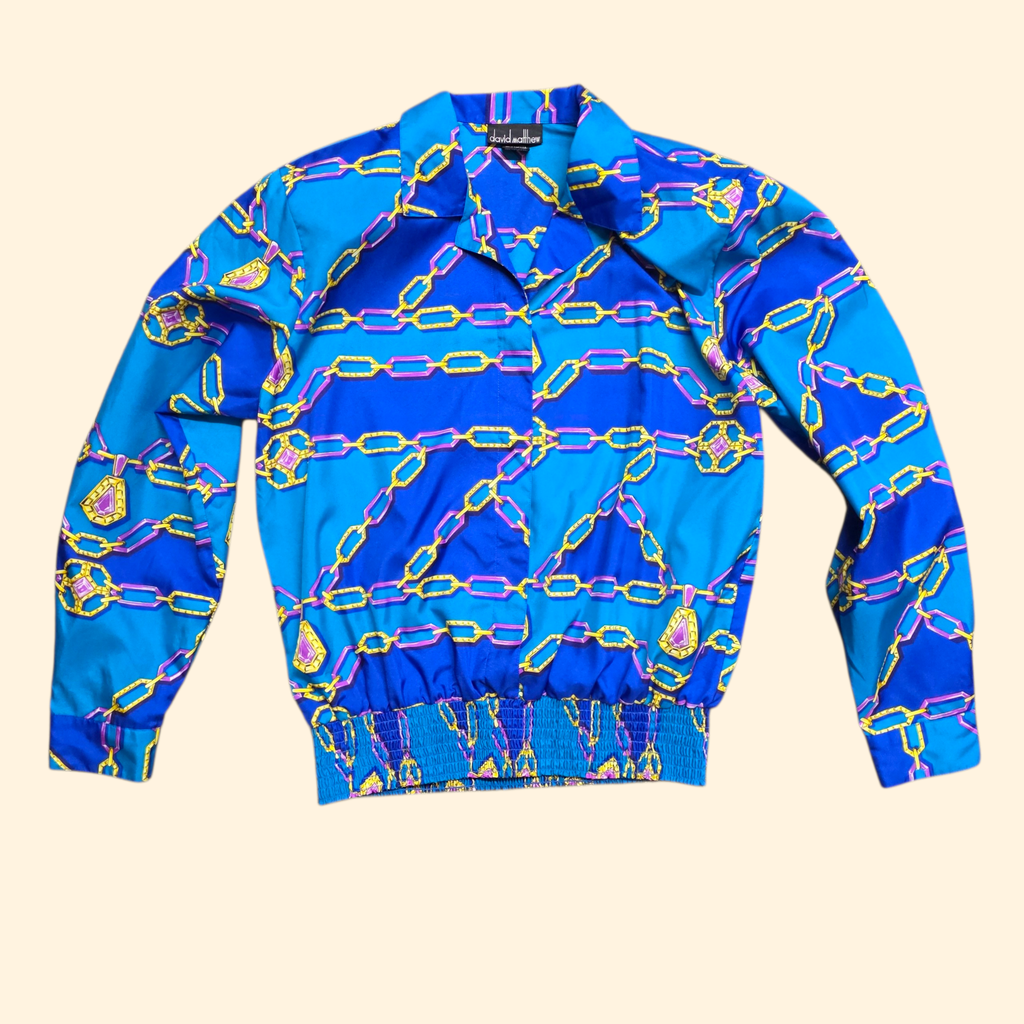 1990s Chain and Jewel Print Pullover Top ~ Medium ~ Blue Teal Crazy Print