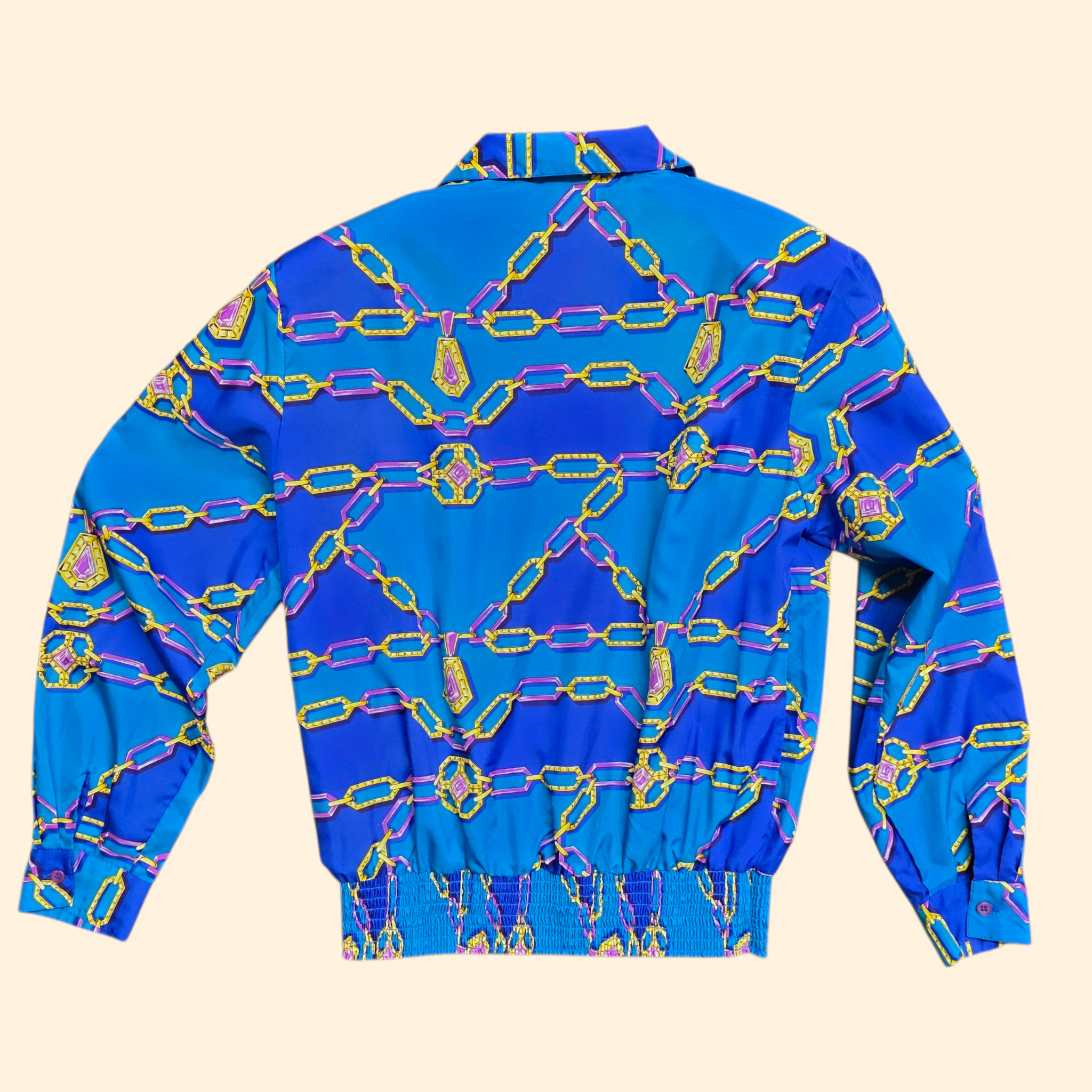 1990s Chain and Jewel Print Pullover Top ~ Medium ~ Blue Teal Crazy Print