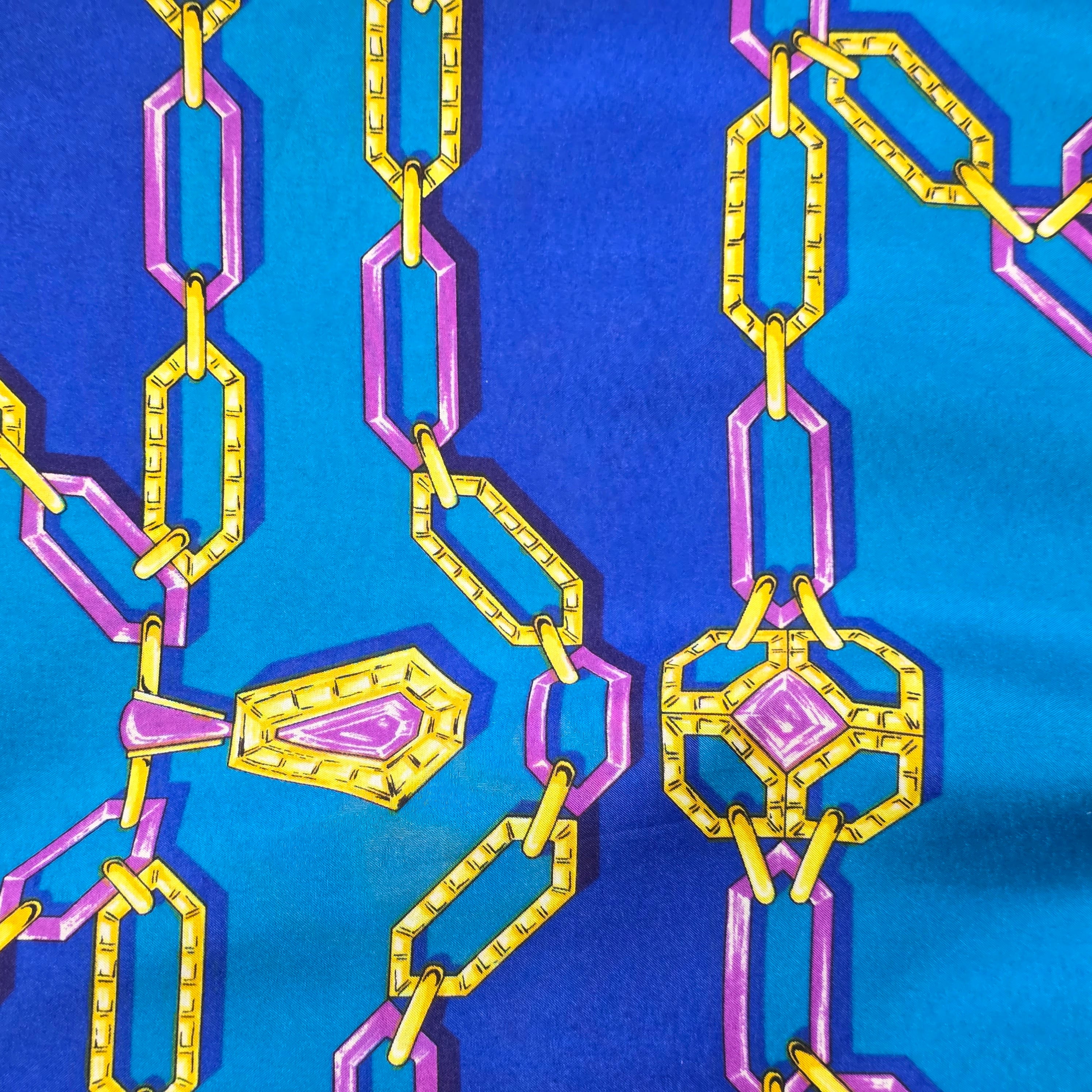 1990s Chain and Jewel Print Pullover Top ~ Medium ~ Blue Teal Crazy Print