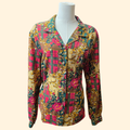 1990s Baroque Print Button Down Blouse ~ Extra Large ~ Plaid Floral Filigree