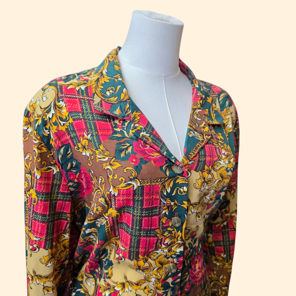 1990s Baroque Print Button Down Blouse ~ Extra Large ~ Plaid Floral Filigree