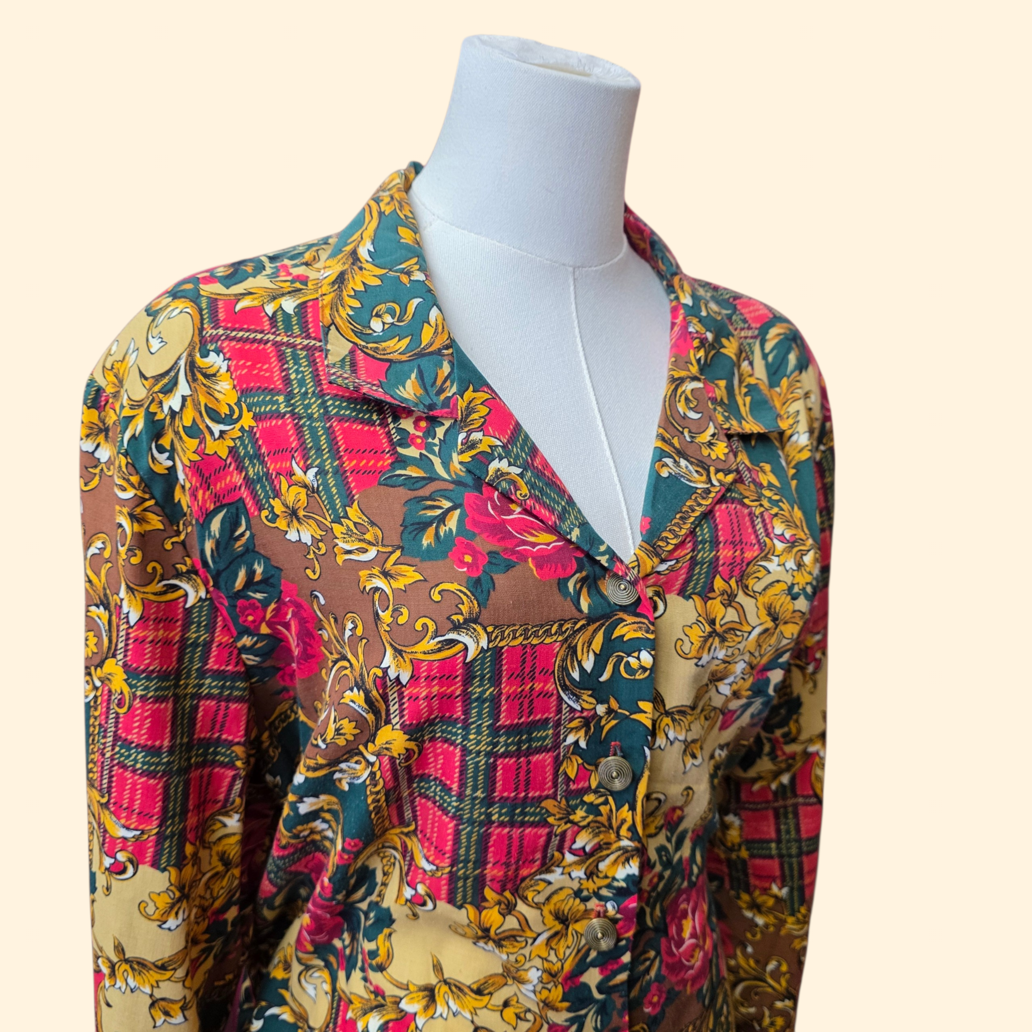 1990s Baroque Print Button Down Blouse ~ Extra Large ~ Plaid Floral Filigree