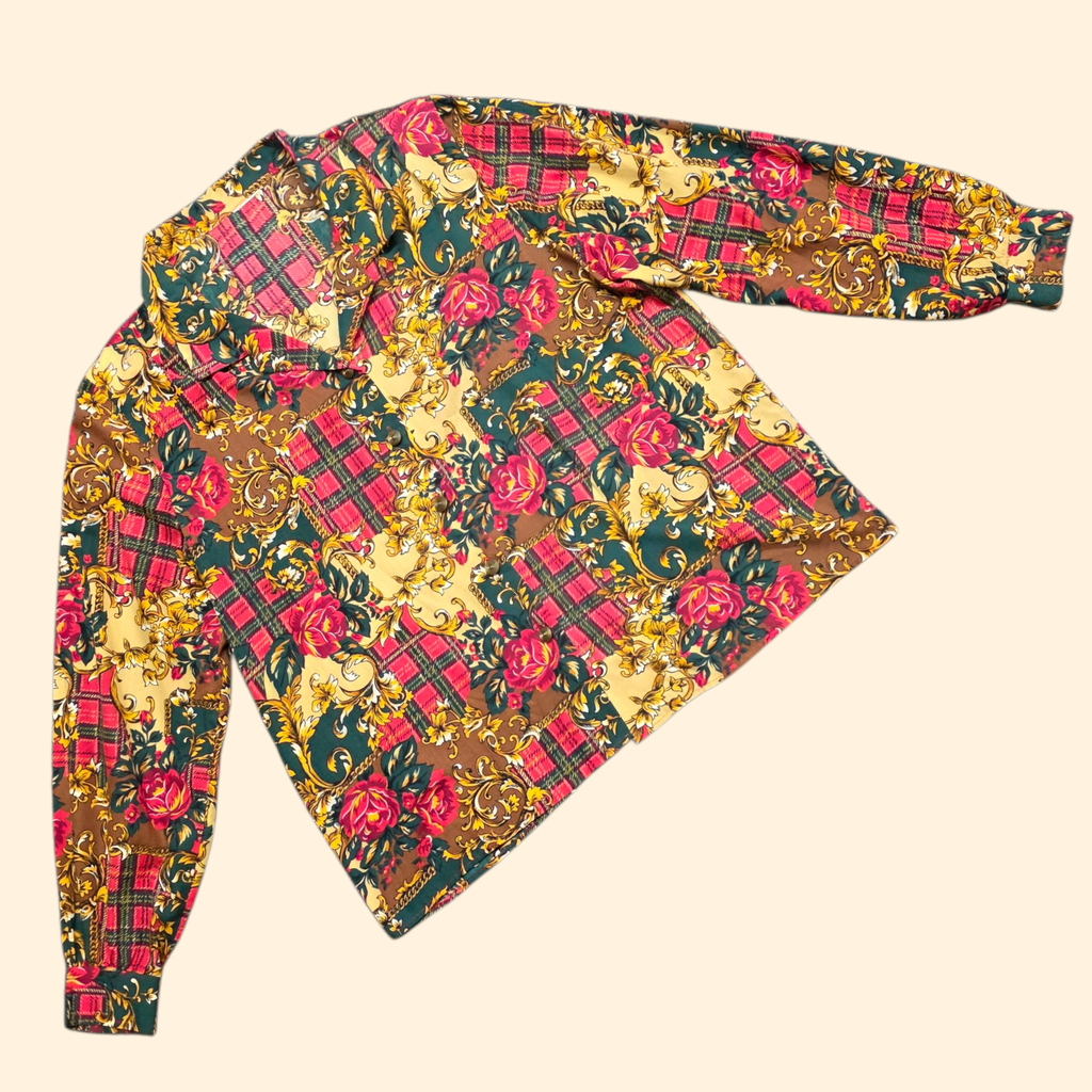 1990s Baroque Print Button Down Blouse ~ Extra Large ~ Plaid Floral Filigree