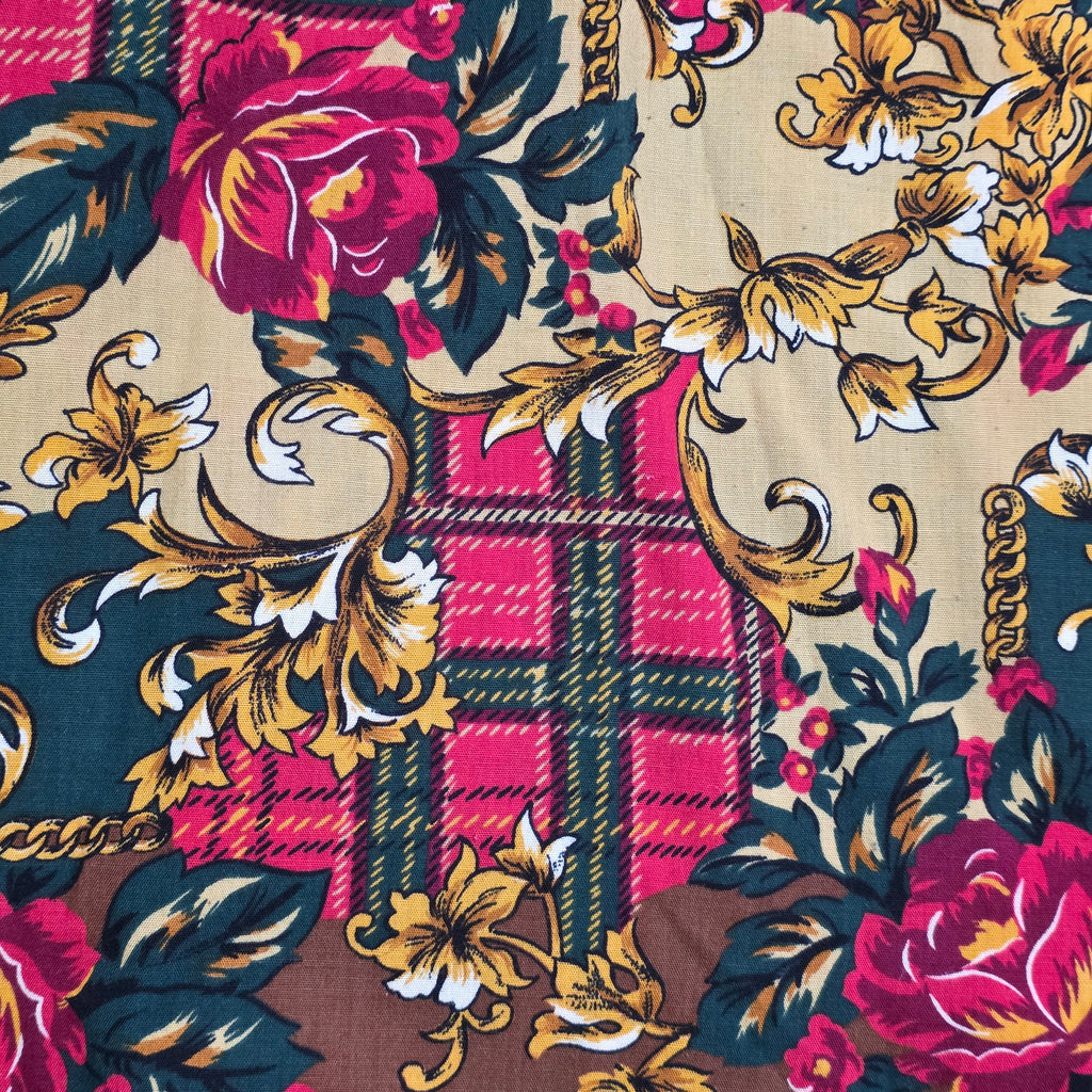 1990s Baroque Print Button Down Blouse ~ Extra Large ~ Plaid Floral Filigree