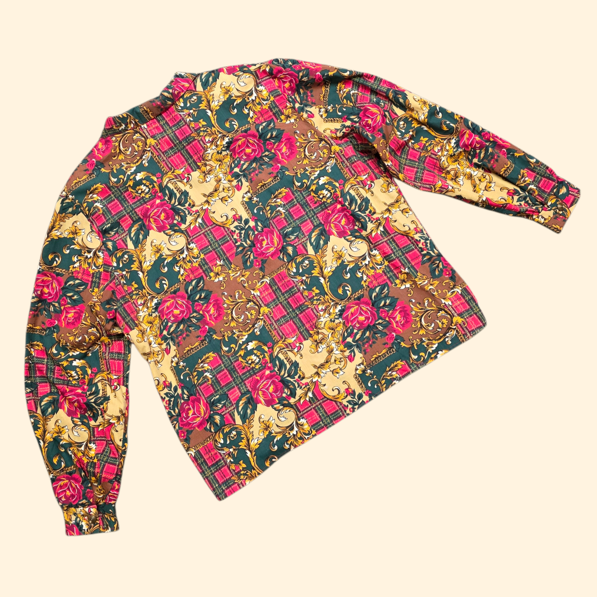 1990s Baroque Print Button Down Blouse ~ Extra Large ~ Plaid Floral Filigree