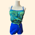 1960s Green and Blue Paisley One Piece Swimsuit ~ Small ~ Malliot Bathing Suit Psychedelic