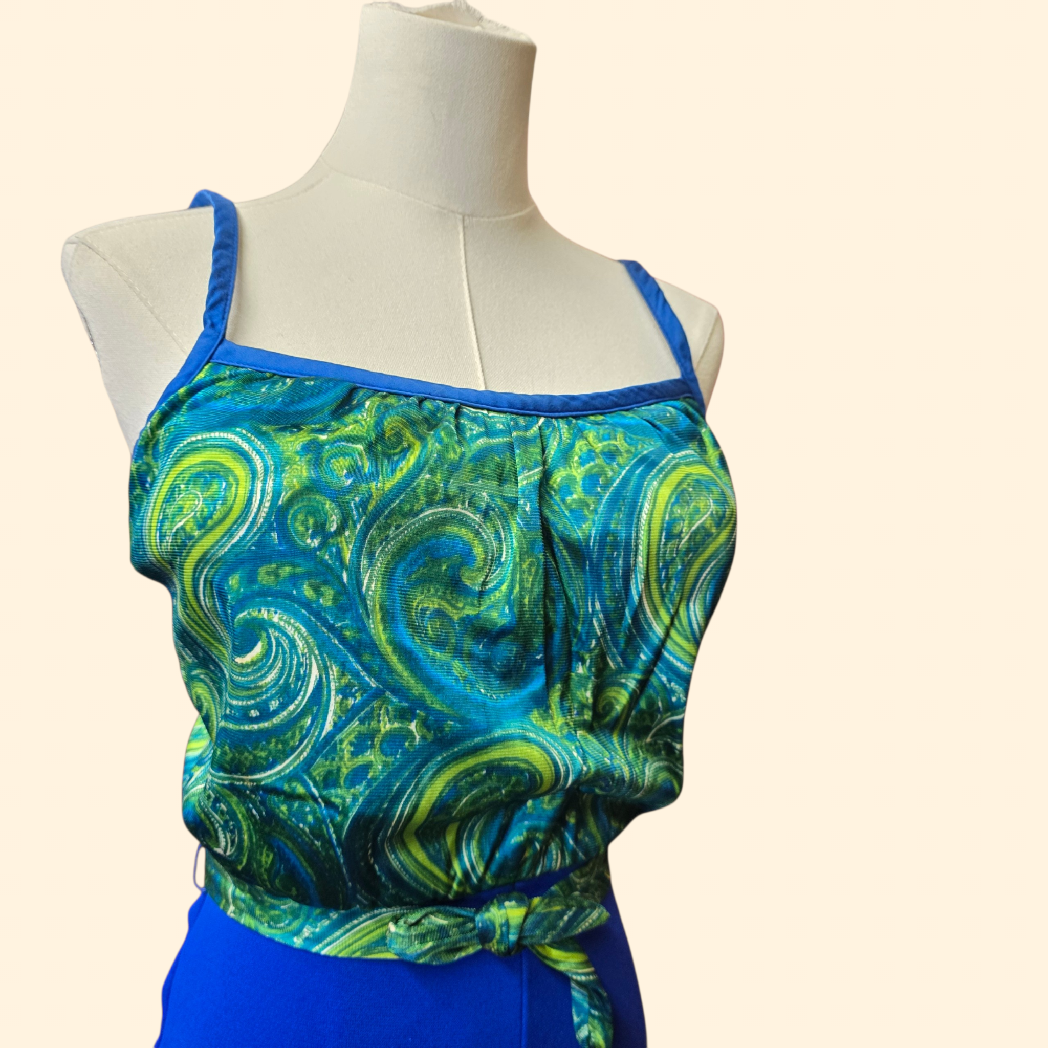 1960s Green and Blue Paisley One Piece Swimsuit ~ Small ~ Malliot Bathing Suit Psychedelic