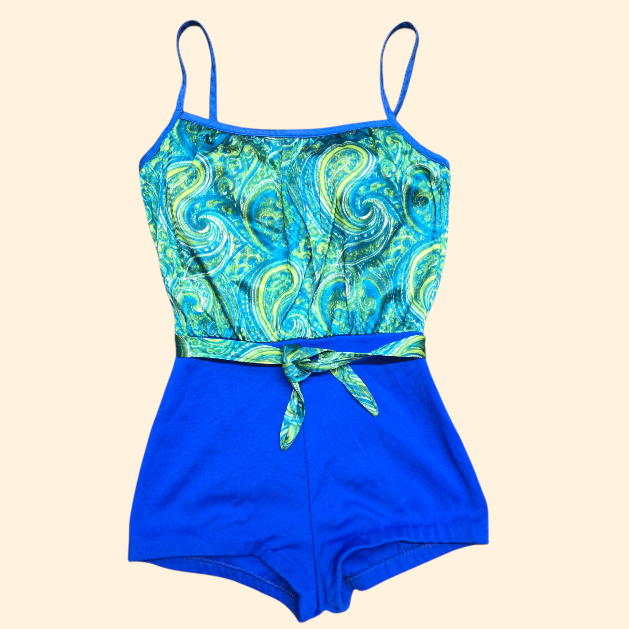 1960s Green and Blue Paisley One Piece Swimsuit ~ Small ~ Malliot Bathing Suit Psychedelic