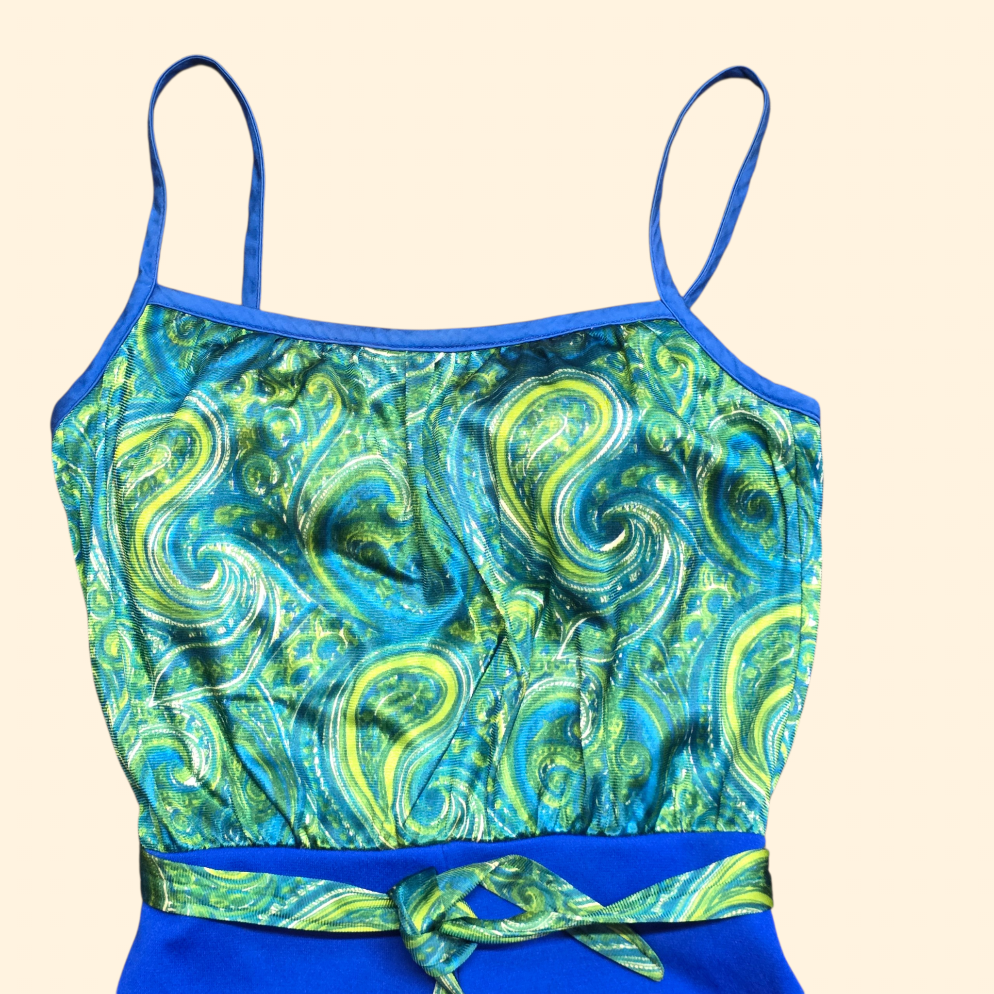 1960s Green and Blue Paisley One Piece Swimsuit ~ Small ~ Malliot Bathing Suit Psychedelic